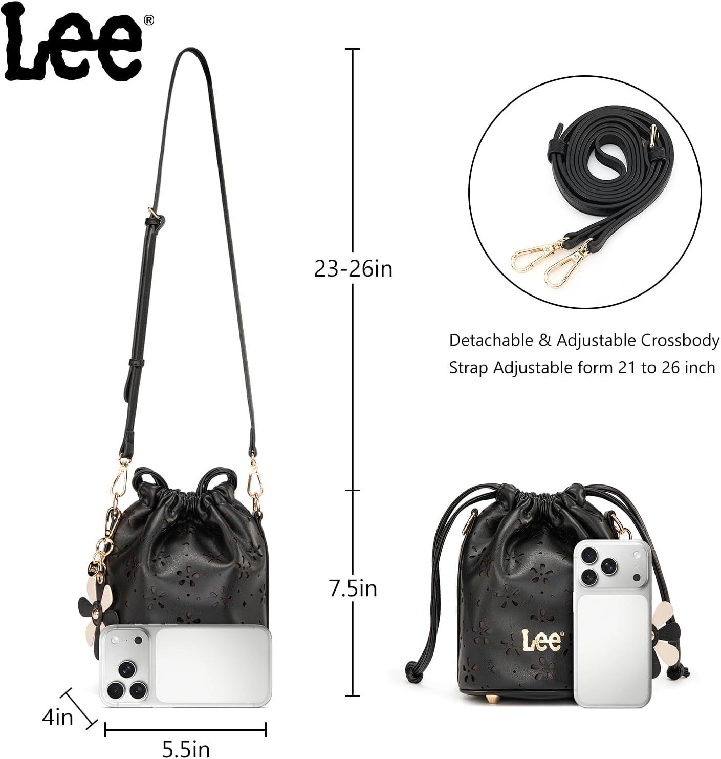 imageLEE Crossbody Bags for WomenLeather Bucket Bag with Detachable Strap Water Resistant Small Lightweight Bag for Work TravelBlack