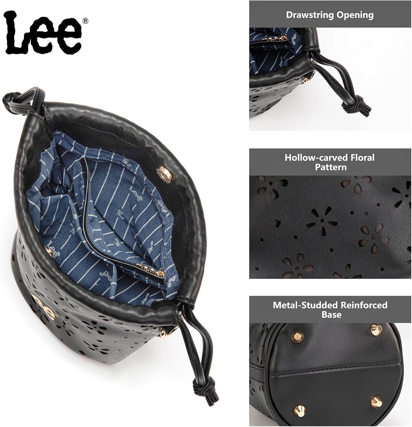 imageLEE Crossbody Bags for WomenLeather Bucket Bag with Detachable Strap Water Resistant Small Lightweight Bag for Work TravelBlack