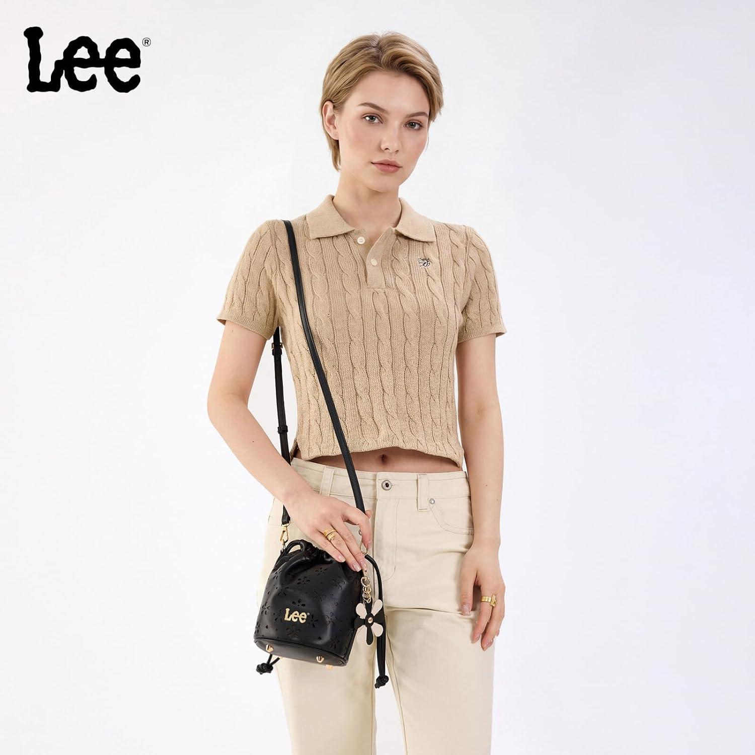 imageLEE Crossbody Bags for WomenLeather Bucket Bag with Detachable Strap Water Resistant Small Lightweight Bag for Work TravelBlack