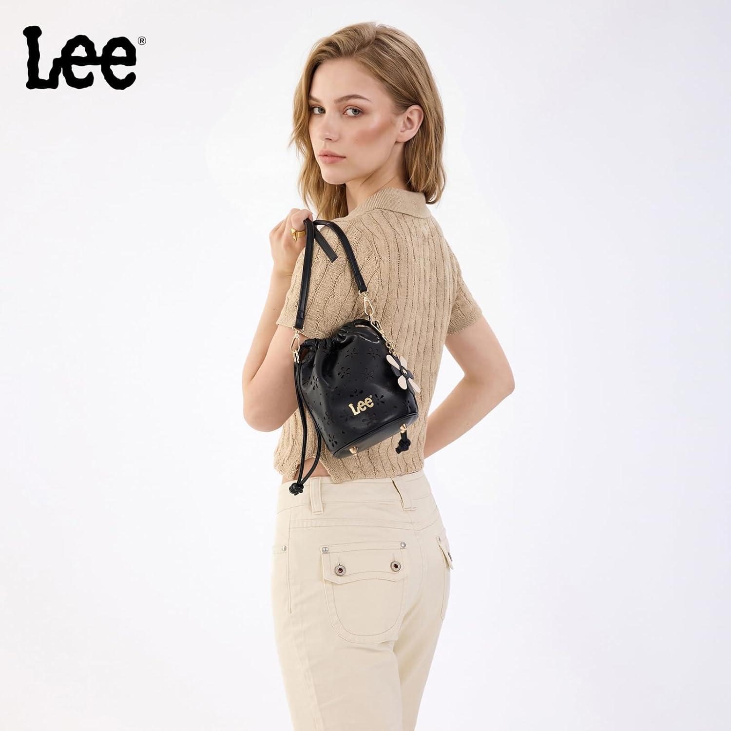 imageLEE Crossbody Bags for WomenLeather Bucket Bag with Detachable Strap Water Resistant Small Lightweight Bag for Work TravelBlack