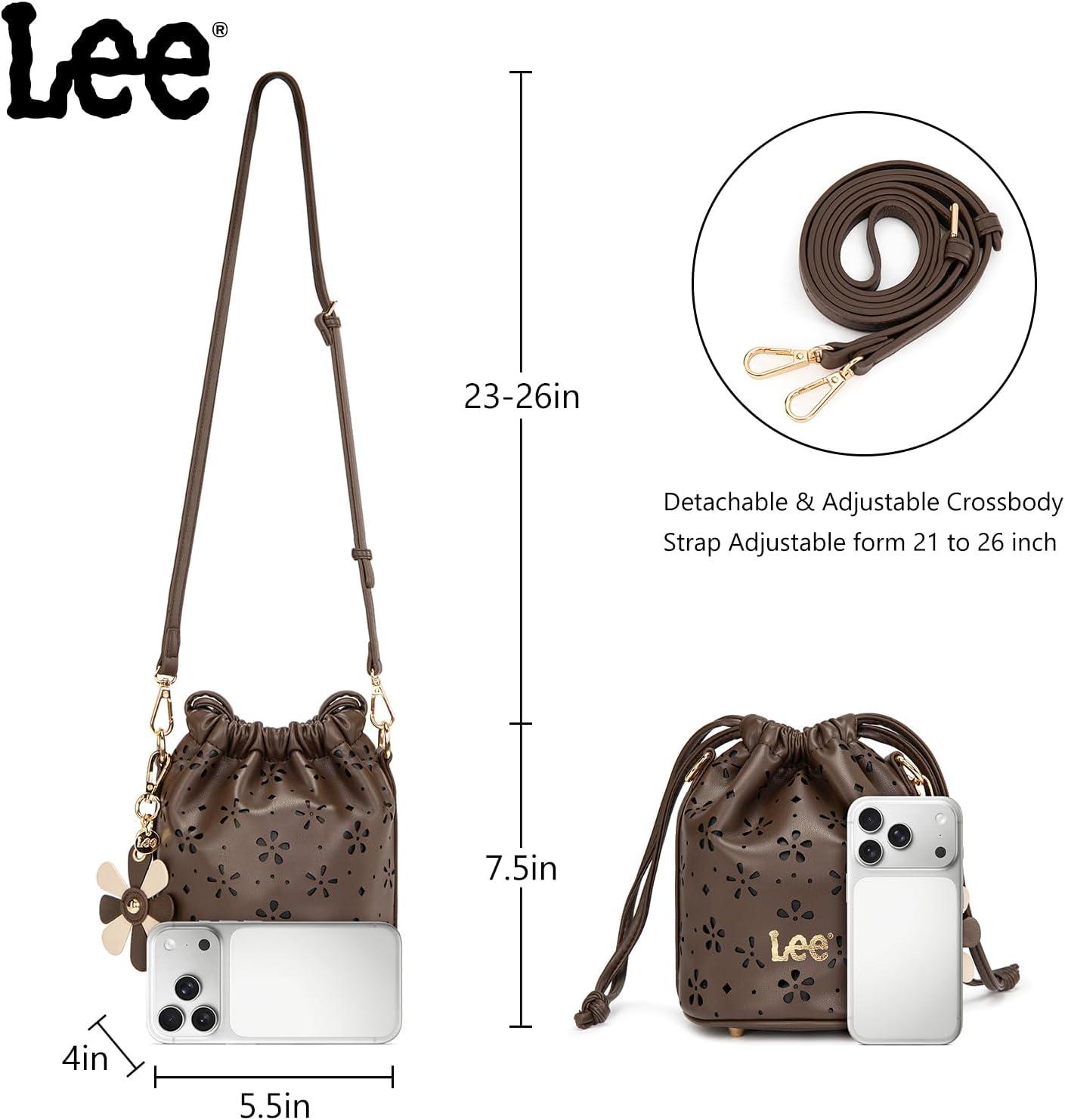 imageLEE Crossbody Bags for WomenLeather Bucket Bag with Detachable Strap Water Resistant Small Lightweight Bag for Work TravelCoffee