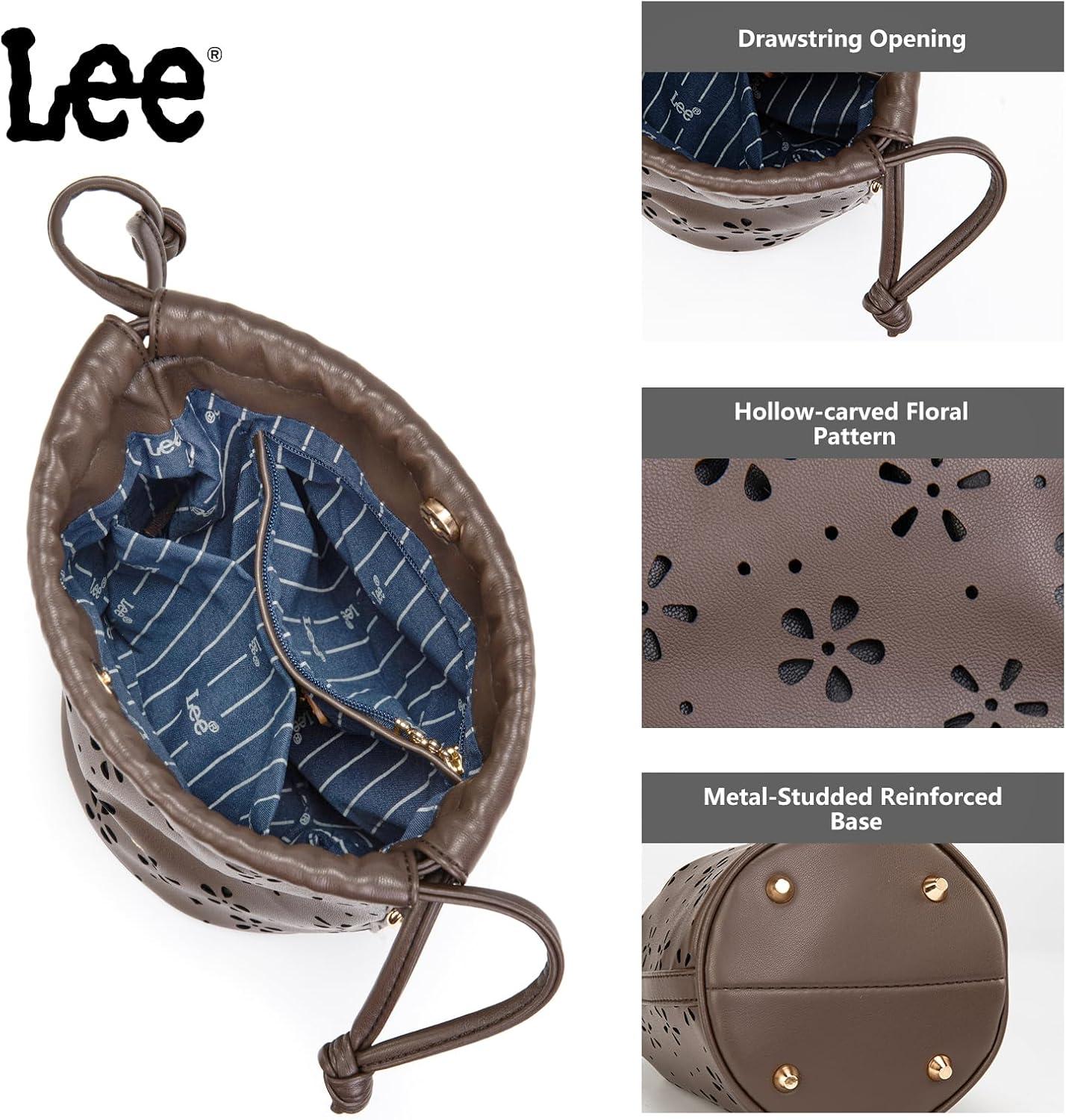 imageLEE Crossbody Bags for WomenLeather Bucket Bag with Detachable Strap Water Resistant Small Lightweight Bag for Work TravelCoffee