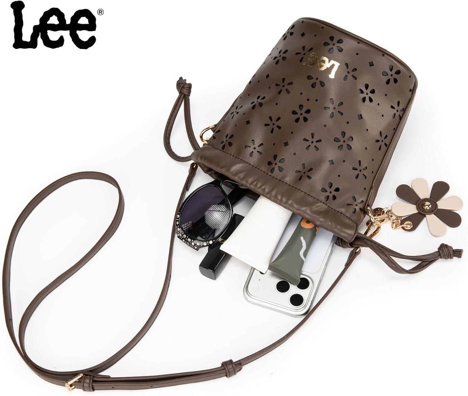 imageLEE Crossbody Bags for WomenLeather Bucket Bag with Detachable Strap Water Resistant Small Lightweight Bag for Work TravelCoffee