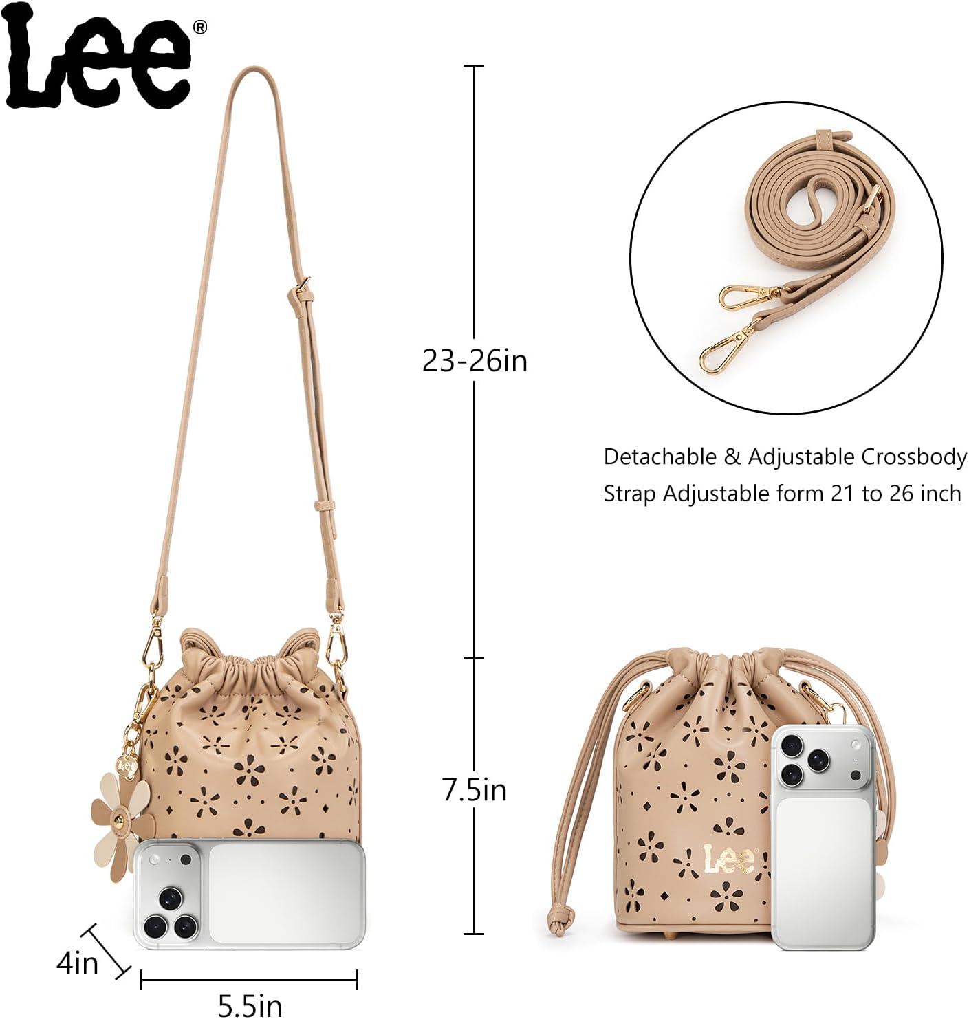 imageLEE Crossbody Bags for WomenLeather Bucket Bag with Detachable Strap Water Resistant Small Lightweight Bag for Work TravelKhaki