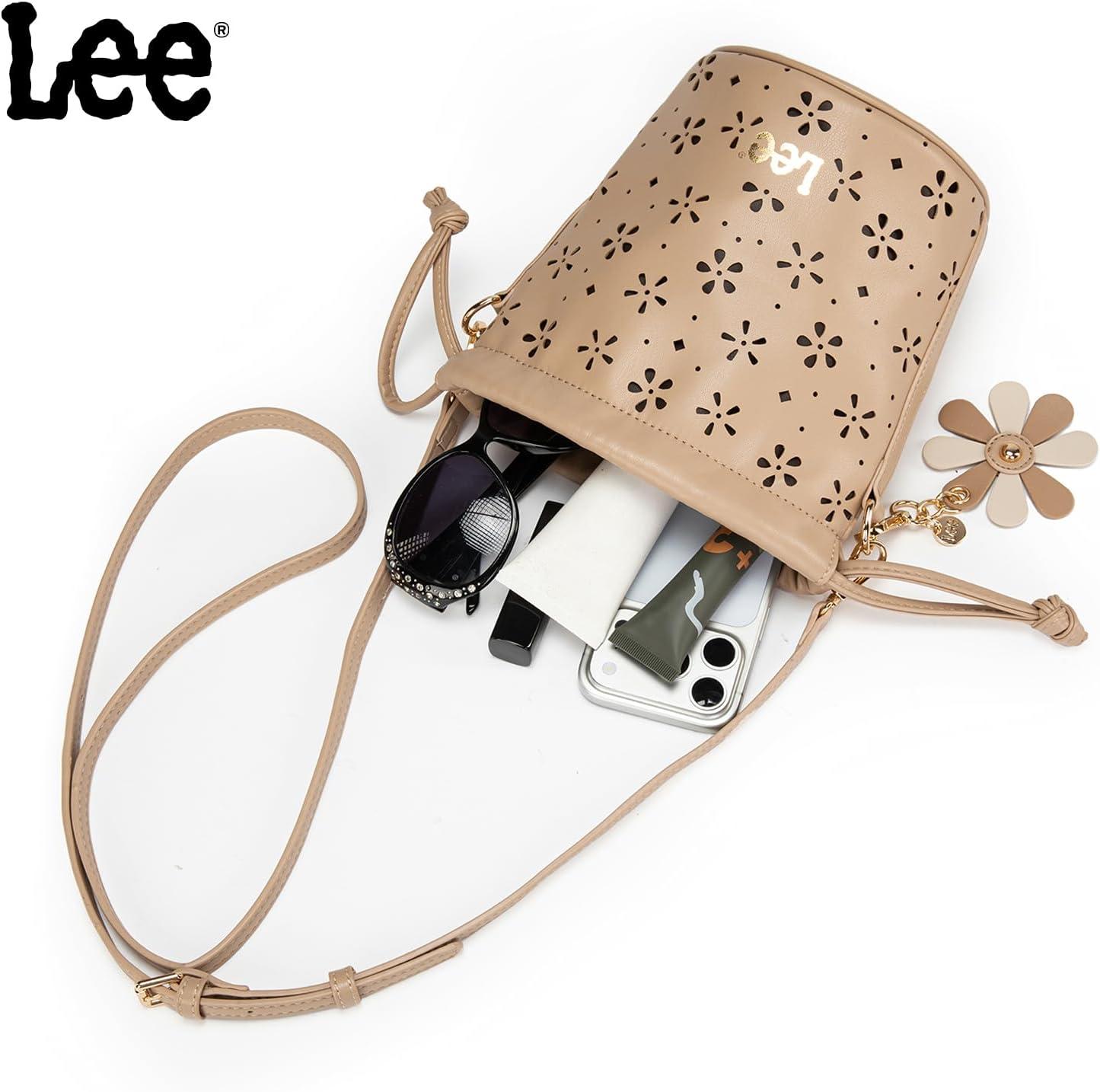 imageLEE Crossbody Bags for WomenLeather Bucket Bag with Detachable Strap Water Resistant Small Lightweight Bag for Work TravelKhaki