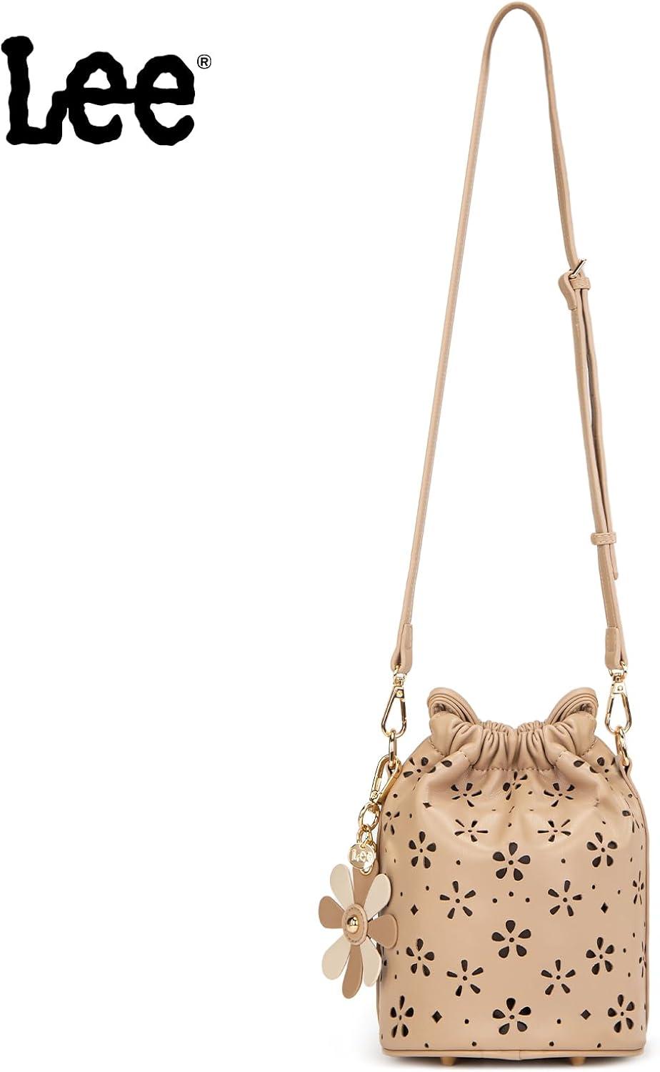 imageLEE Crossbody Bags for WomenLeather Bucket Bag with Detachable Strap Water Resistant Small Lightweight Bag for Work TravelKhaki