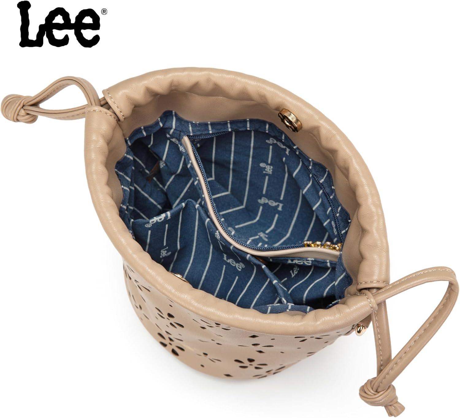 imageLEE Crossbody Bags for WomenLeather Bucket Bag with Detachable Strap Water Resistant Small Lightweight Bag for Work TravelKhaki