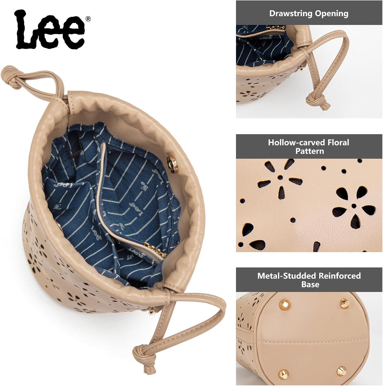 imageLEE Crossbody Bags for WomenLeather Bucket Bag with Detachable Strap Water Resistant Small Lightweight Bag for Work TravelKhaki