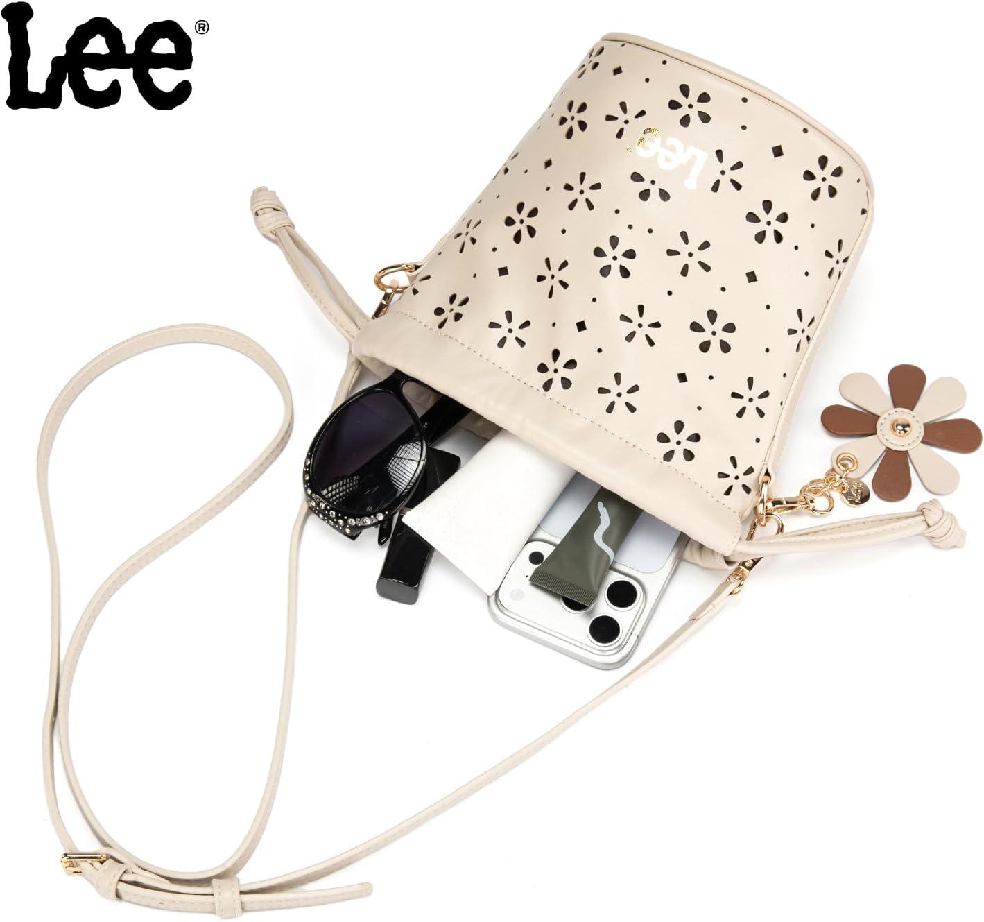 imageLEE Crossbody Bags for WomenLeather Bucket Bag with Detachable Strap Water Resistant Small Lightweight Bag for Work TravelTan