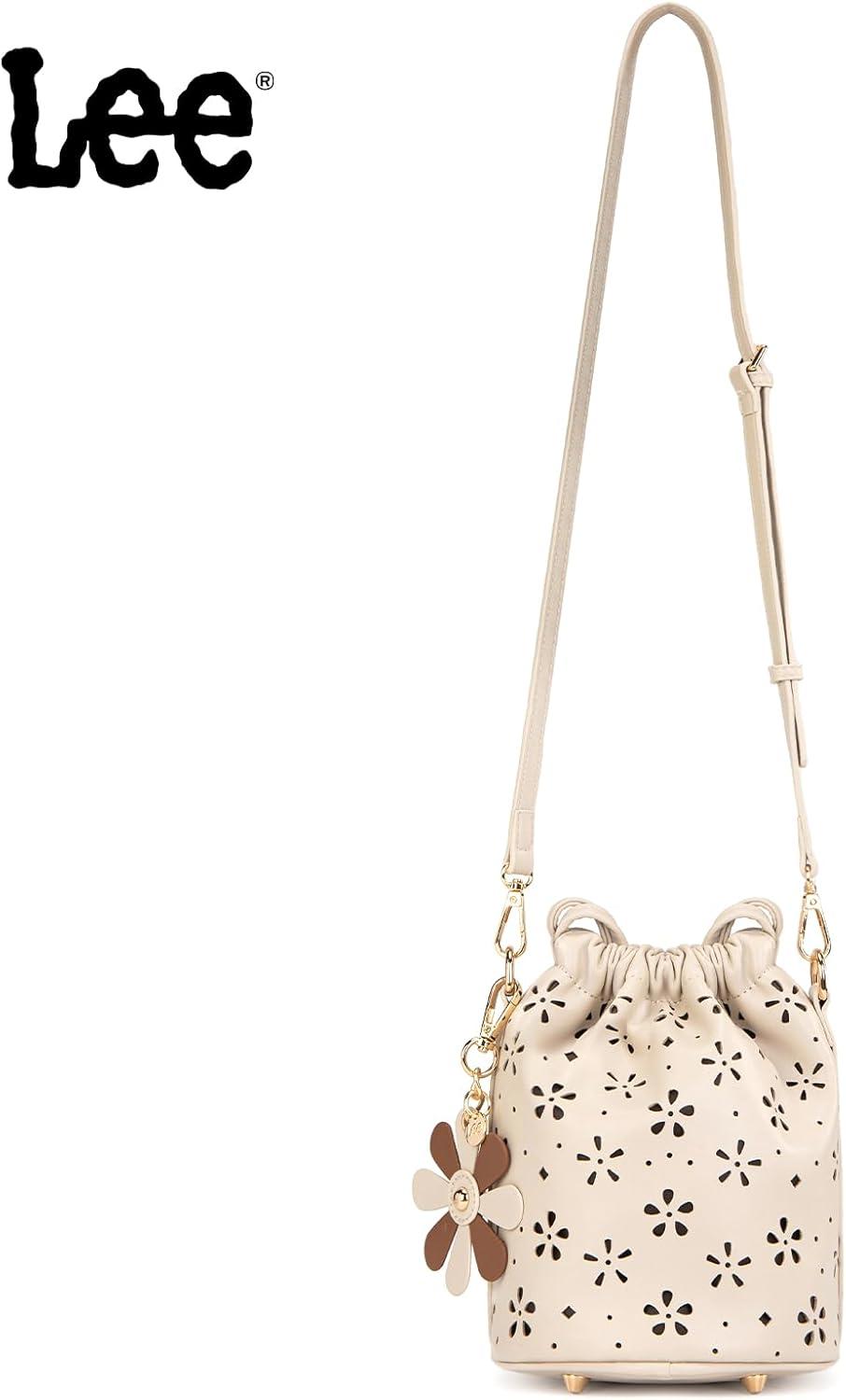 imageLEE Crossbody Bags for WomenLeather Bucket Bag with Detachable Strap Water Resistant Small Lightweight Bag for Work TravelTan