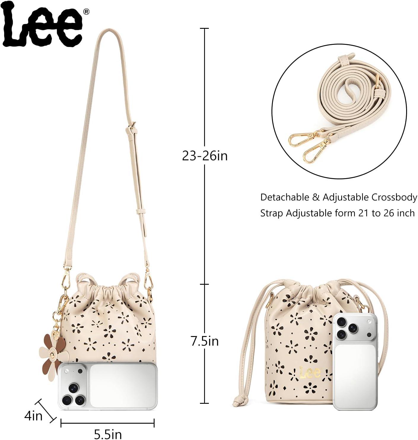 imageLEE Crossbody Bags for WomenLeather Bucket Bag with Detachable Strap Water Resistant Small Lightweight Bag for Work TravelTan