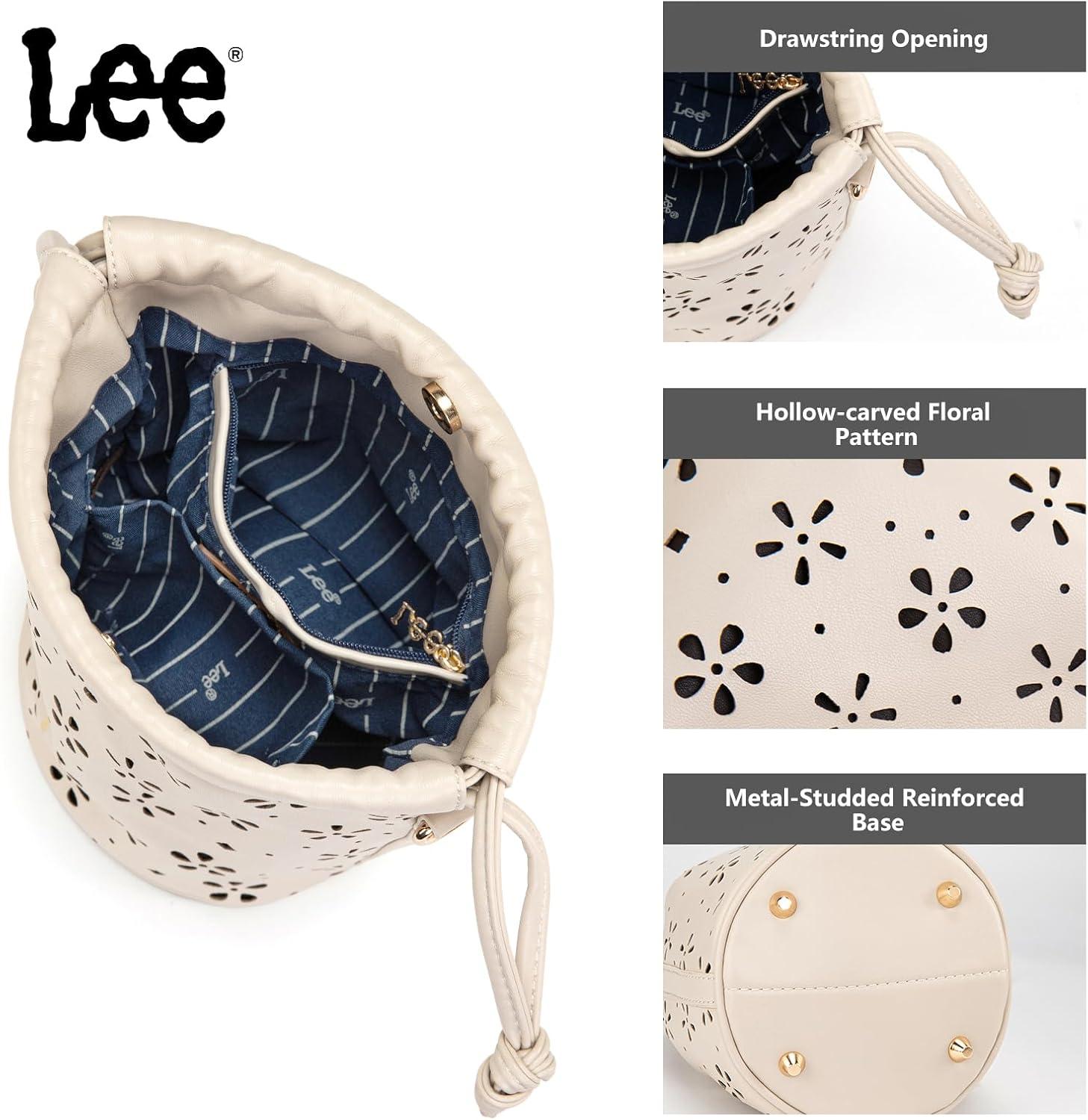 imageLEE Crossbody Bags for WomenLeather Bucket Bag with Detachable Strap Water Resistant Small Lightweight Bag for Work TravelTan