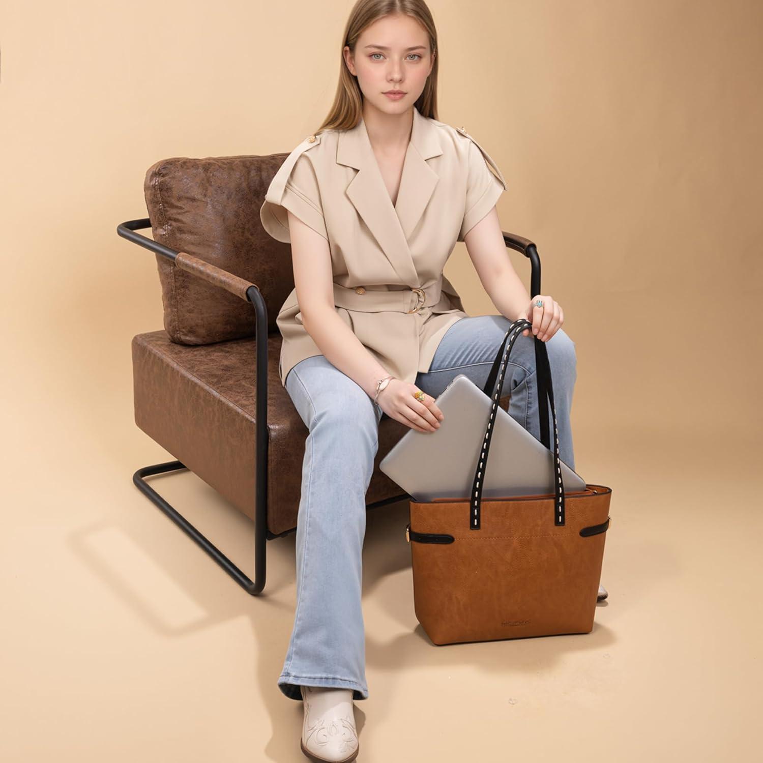 imageMontana West Minimalist Tote Bag for Women handbags Elegant Top Handle Satchel Purse EverydayAmber Brown
