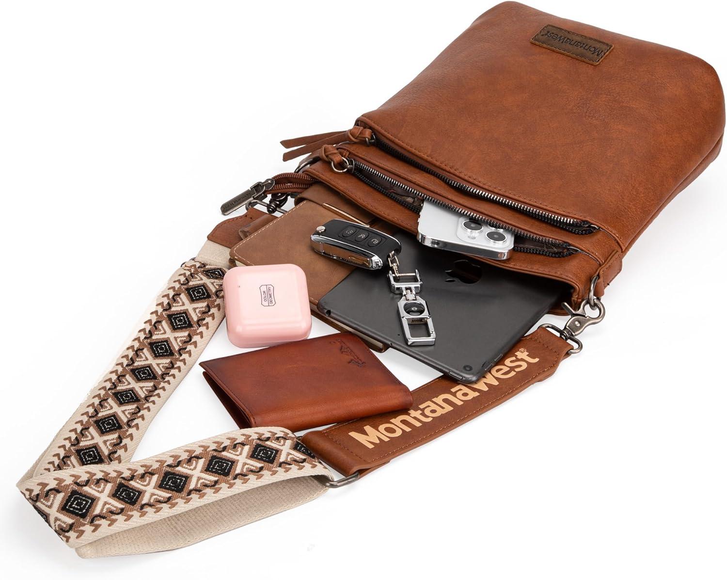 imageMontana West Multi Zip Pocket Large Crossbody Bag With Guitar StrapA Classic Dark Brown