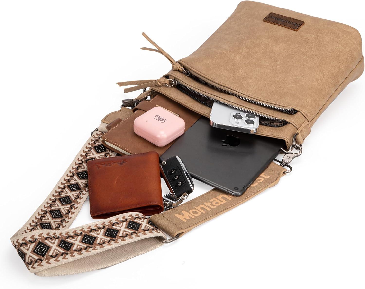 imageMontana West Multi Zip Pocket Large Crossbody Bag With Guitar StrapA Classic Khaki