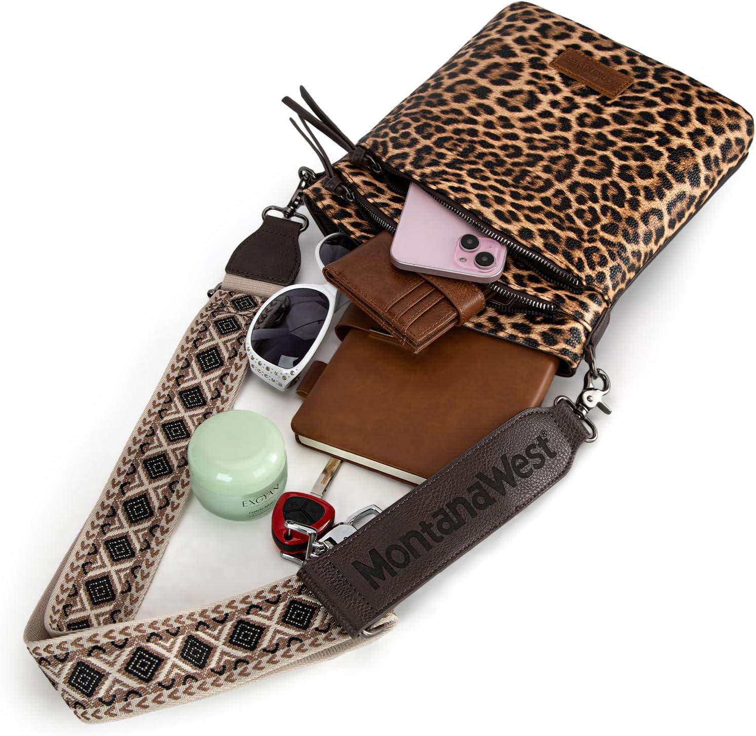 imageMontana West Multi Zip Pocket Large Crossbody Bag With Guitar StrapA Classic Leopard Pattern
