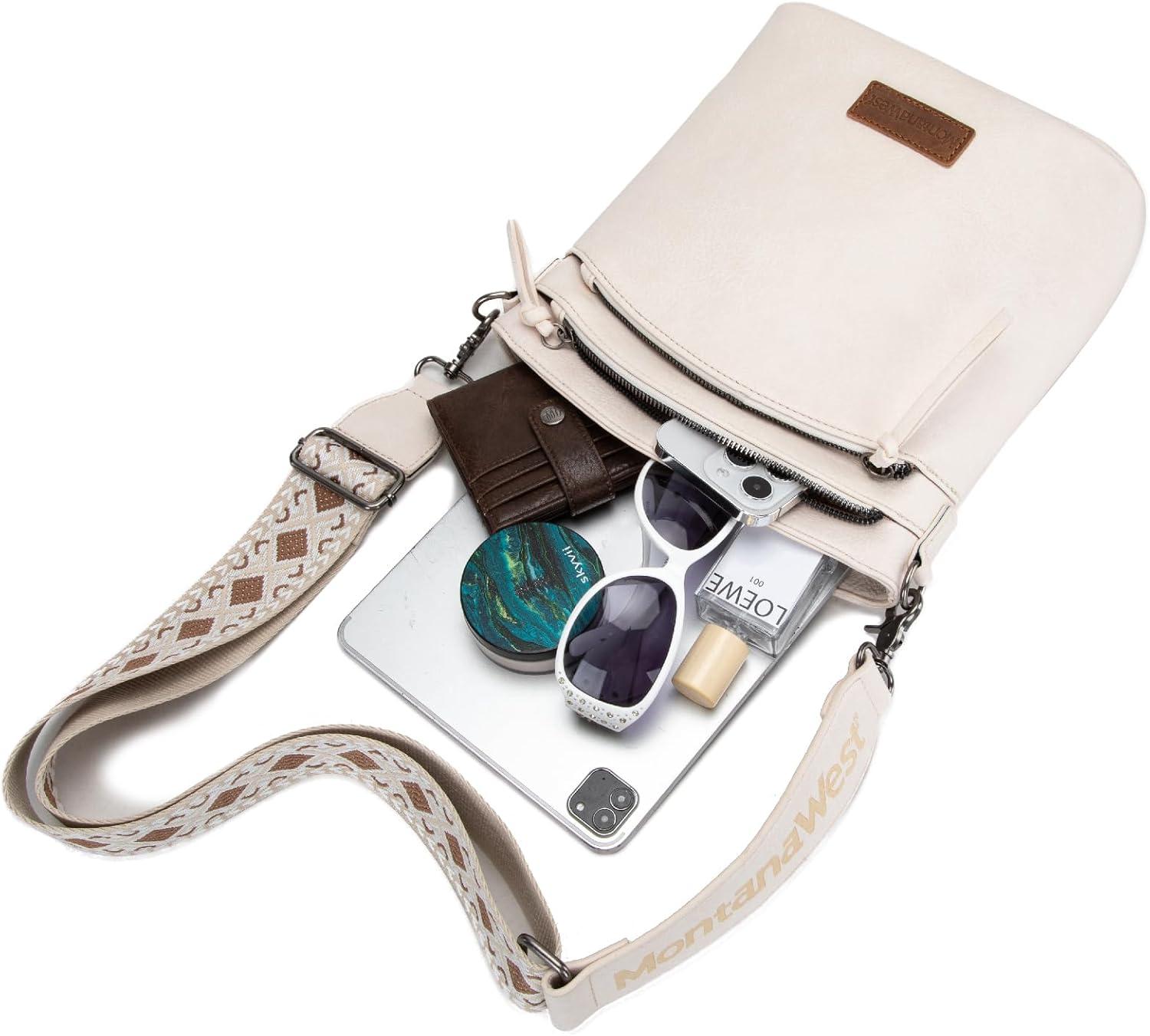 imageMontana West Multi Zip Pocket Large Crossbody Bag With Guitar StrapBeige