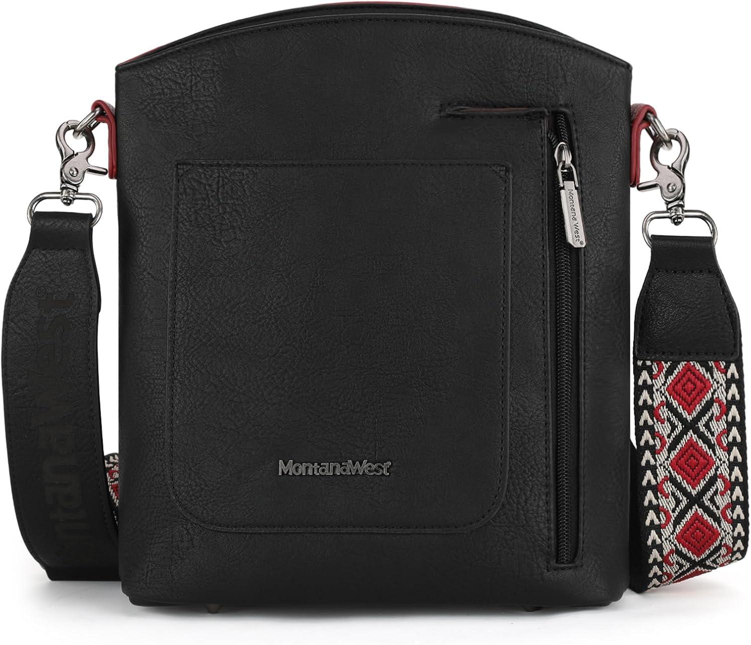 imageMontana West Multi Zip Pocket Large Crossbody Bag With Guitar StrapBlackred