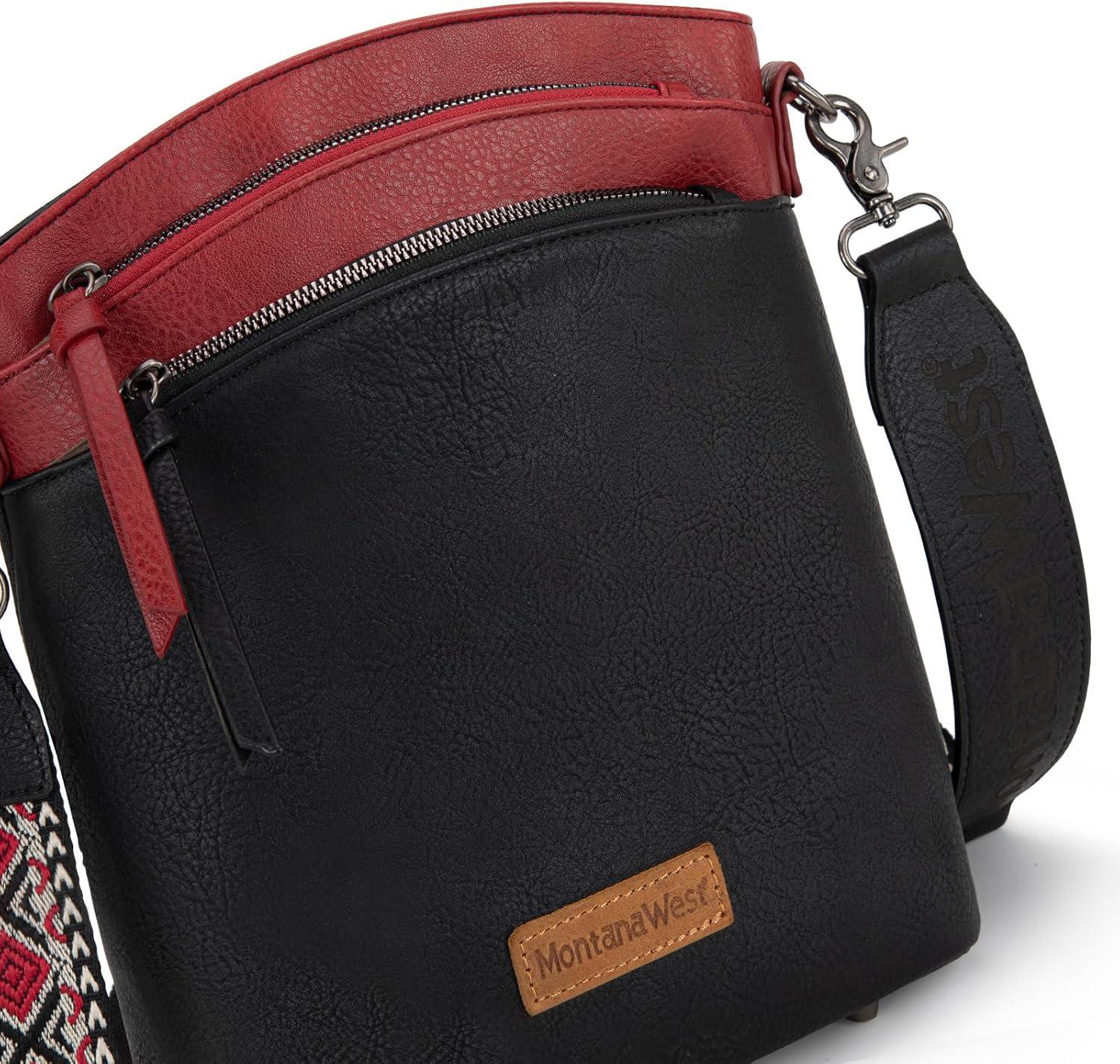 imageMontana West Multi Zip Pocket Large Crossbody Bag With Guitar StrapBlackred