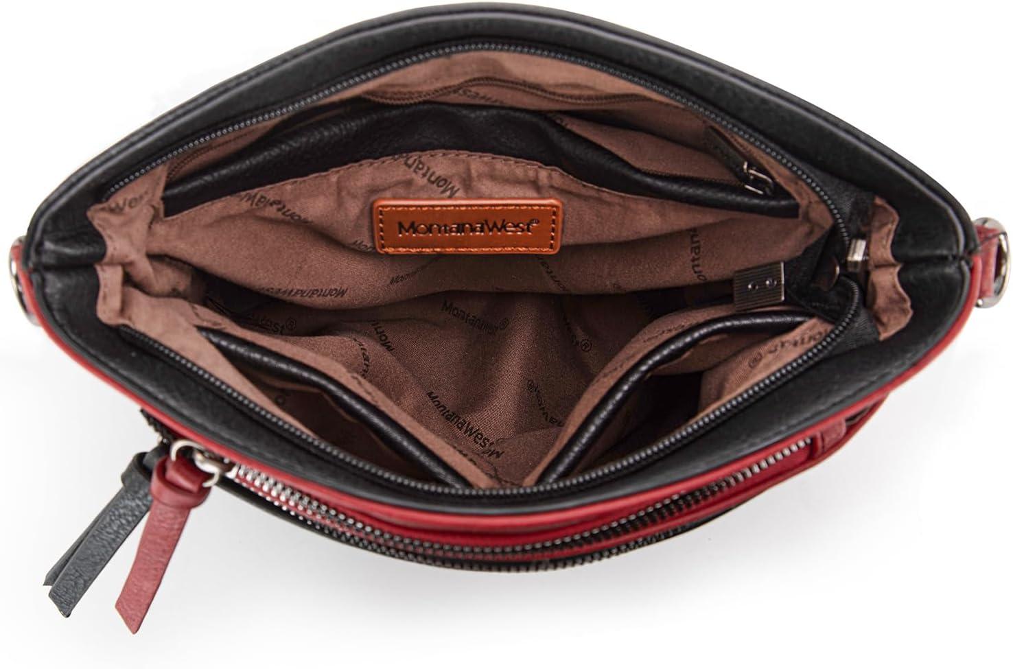 imageMontana West Multi Zip Pocket Large Crossbody Bag With Guitar StrapBlackred