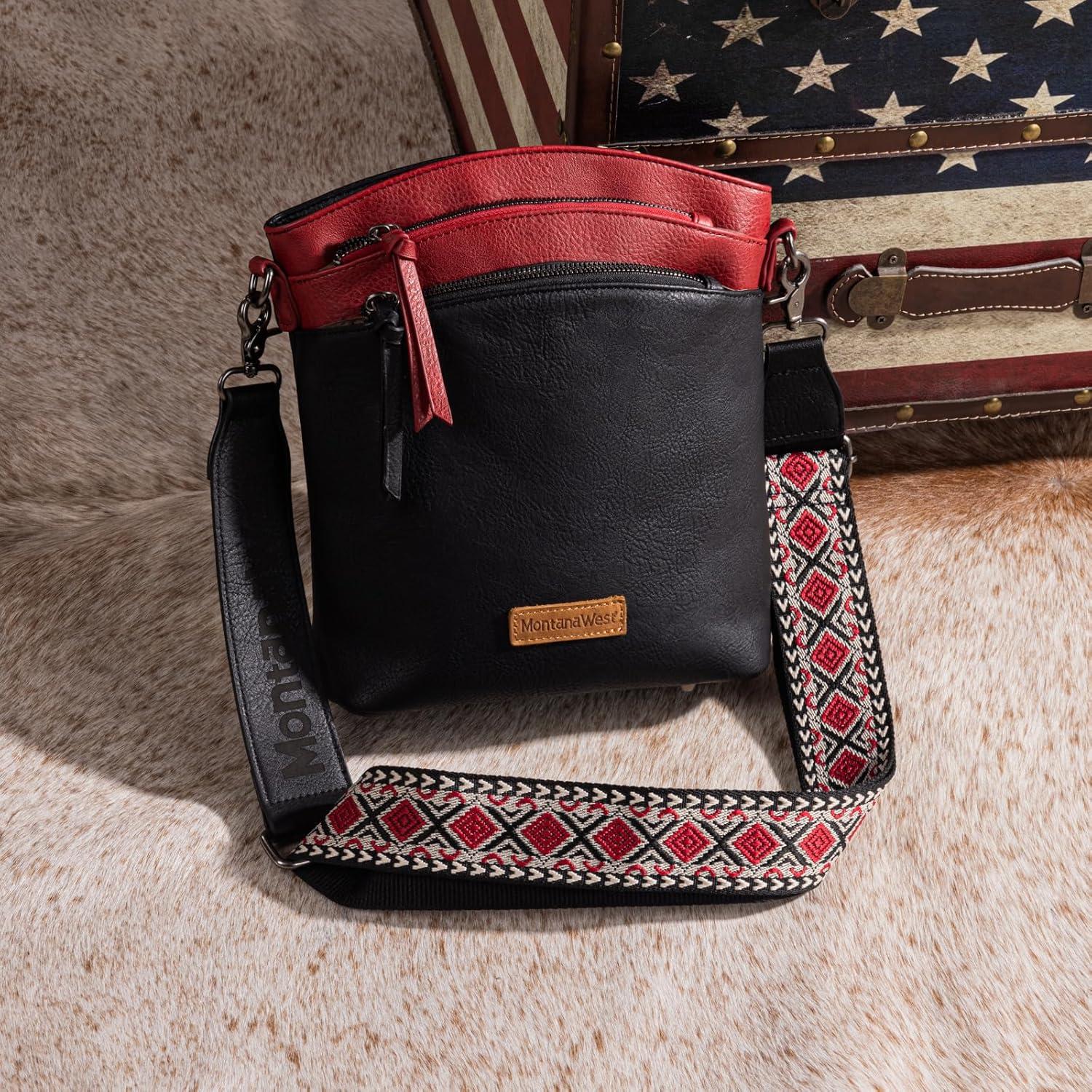 imageMontana West Multi Zip Pocket Large Crossbody Bag With Guitar StrapBlackred