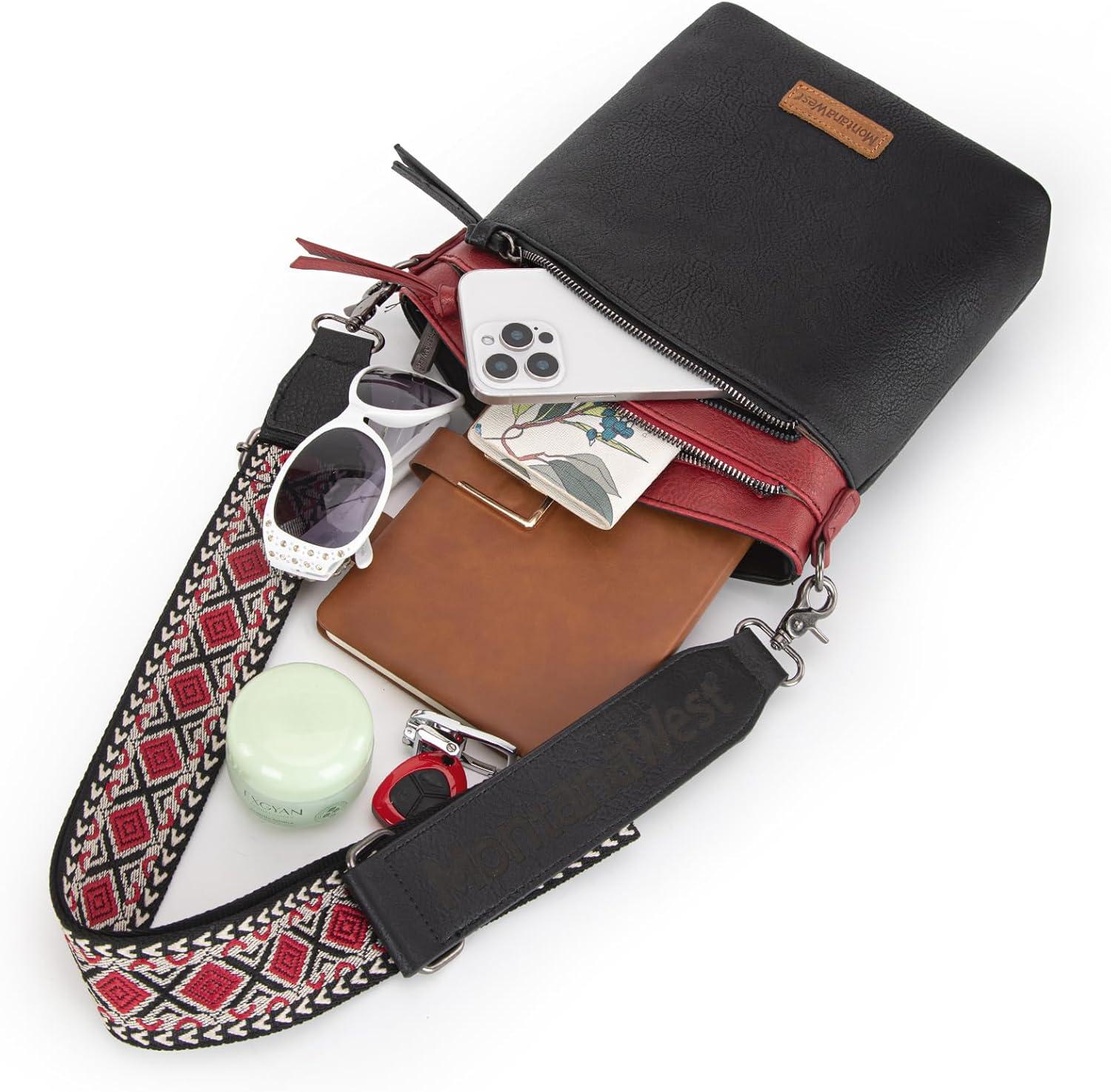 imageMontana West Multi Zip Pocket Large Crossbody Bag With Guitar StrapBlackred