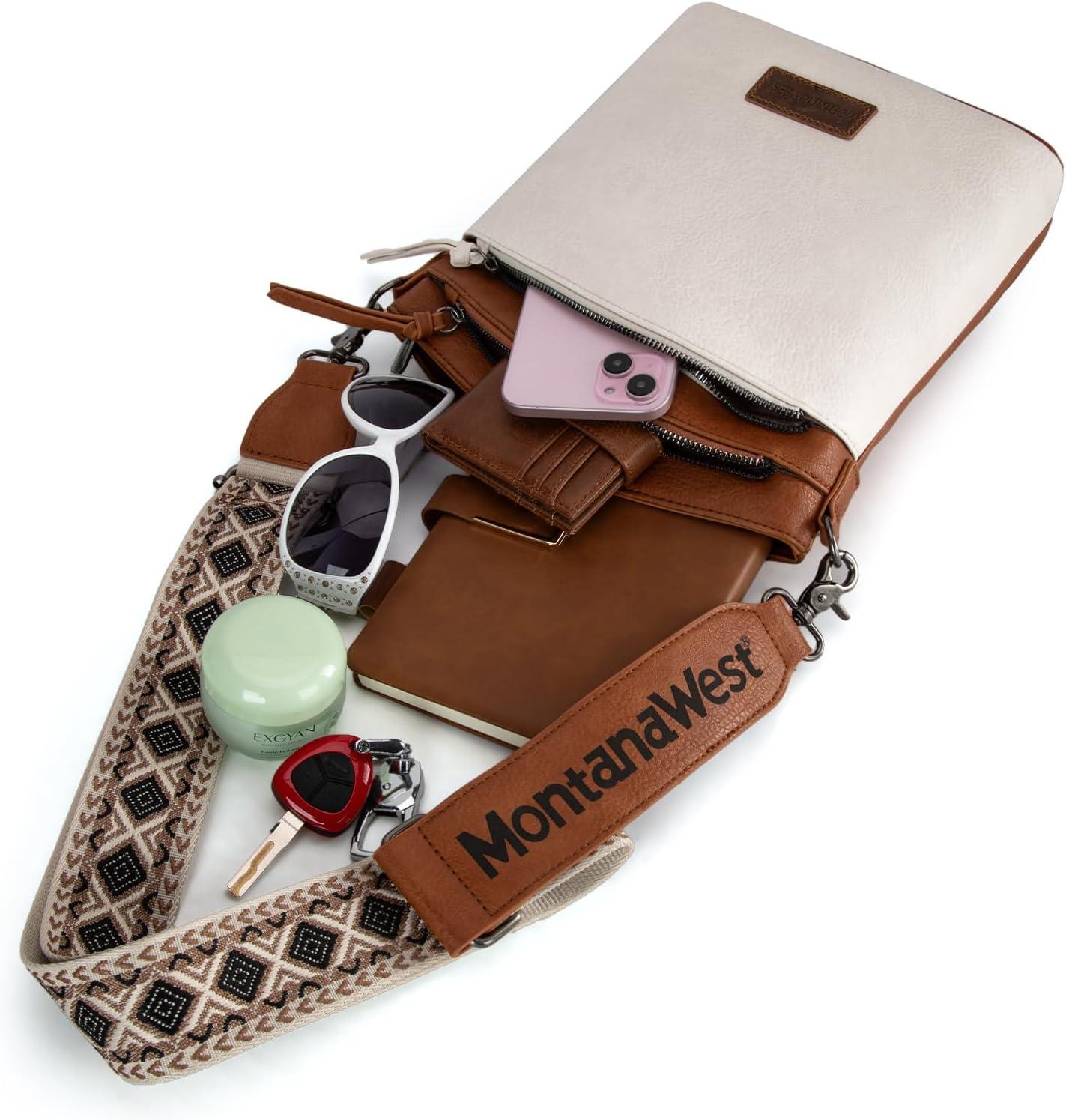 imageMontana West Multi Zip Pocket Large Crossbody Bag With Guitar StrapBrownBeige