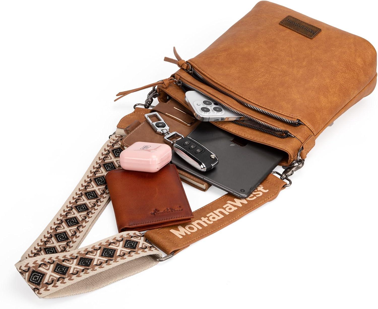 imageMontana West Multi Zip Pocket Large Crossbody Bag With Guitar StrapClassic Brown