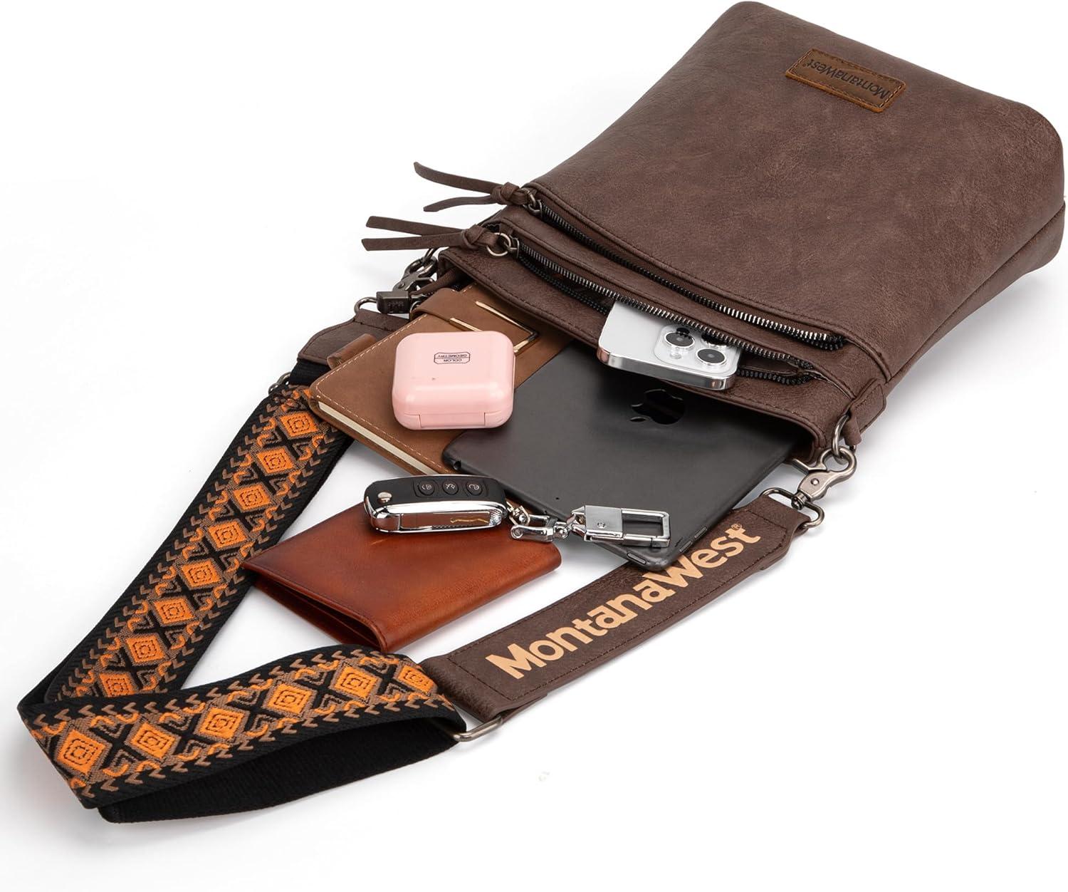 imageMontana West Multi Zip Pocket Large Crossbody Bag With Guitar StrapClassic Coffee