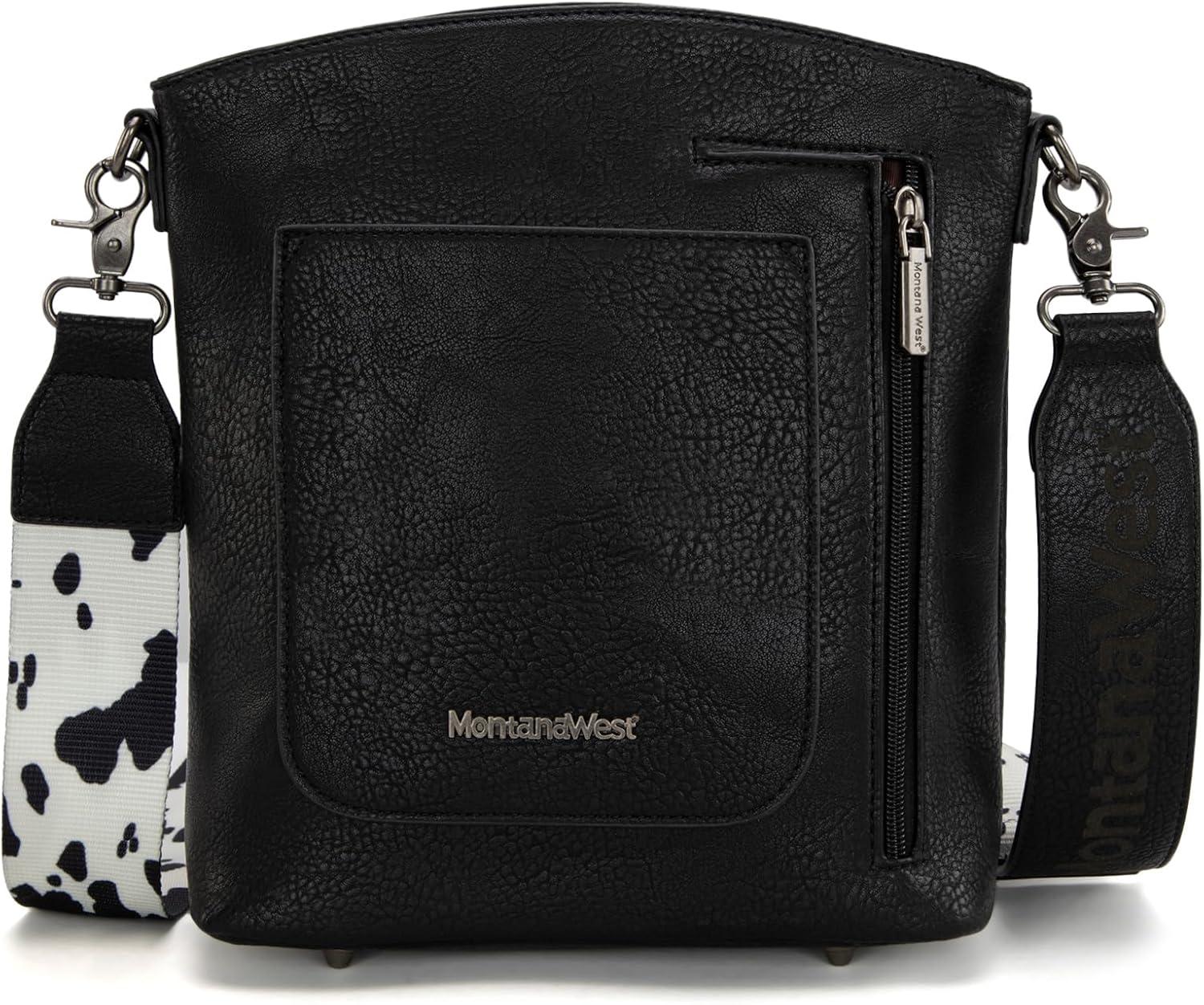 imageMontana West Multi Zip Pocket Large Crossbody Bag With Guitar StrapClassic Cow Black