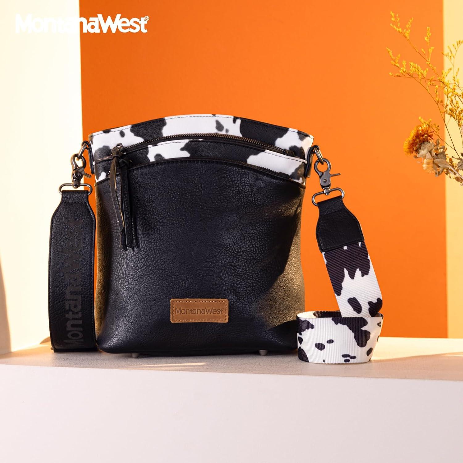 imageMontana West Multi Zip Pocket Large Crossbody Bag With Guitar StrapClassic Cow Black