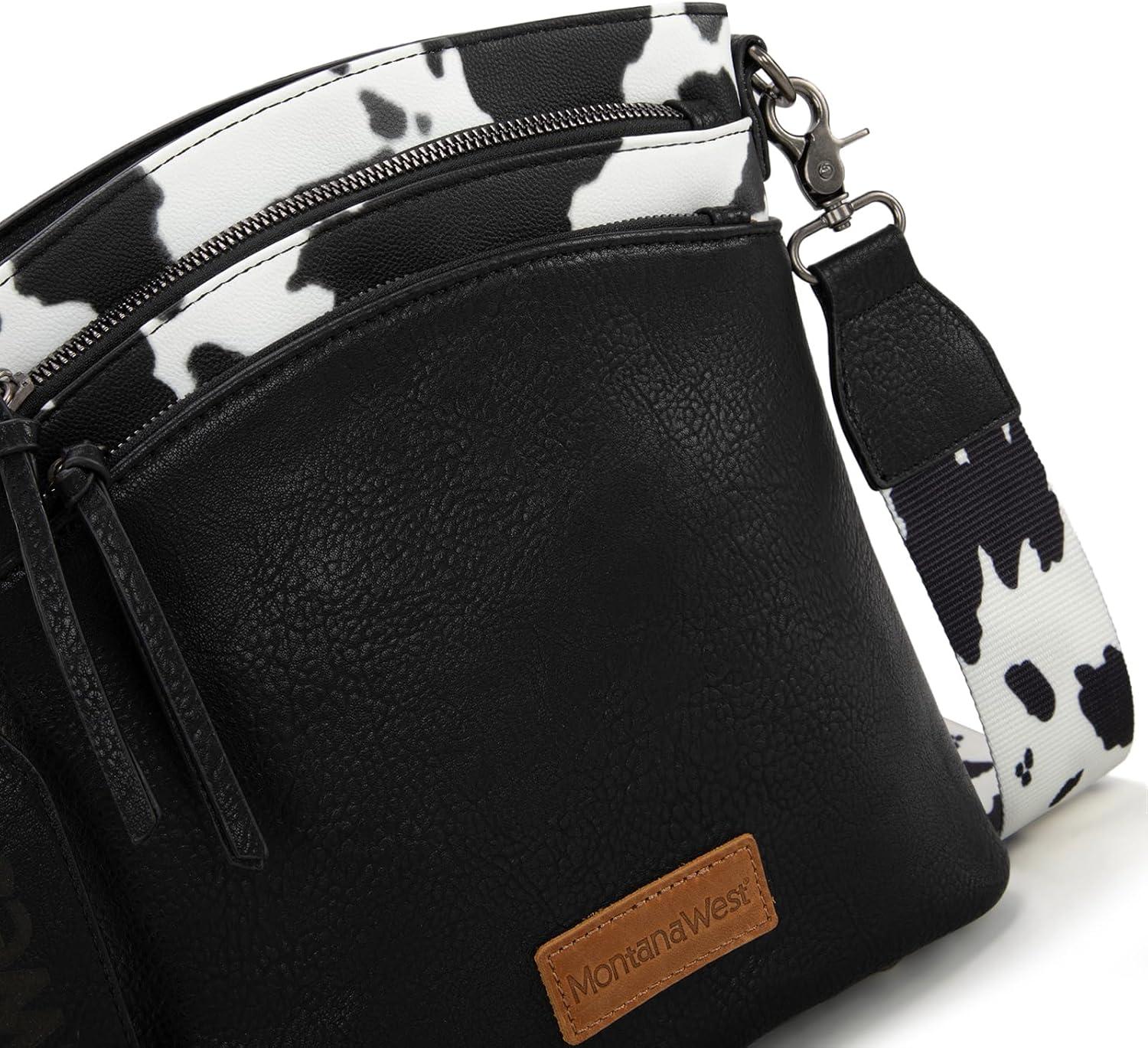 imageMontana West Multi Zip Pocket Large Crossbody Bag With Guitar StrapClassic Cow Black