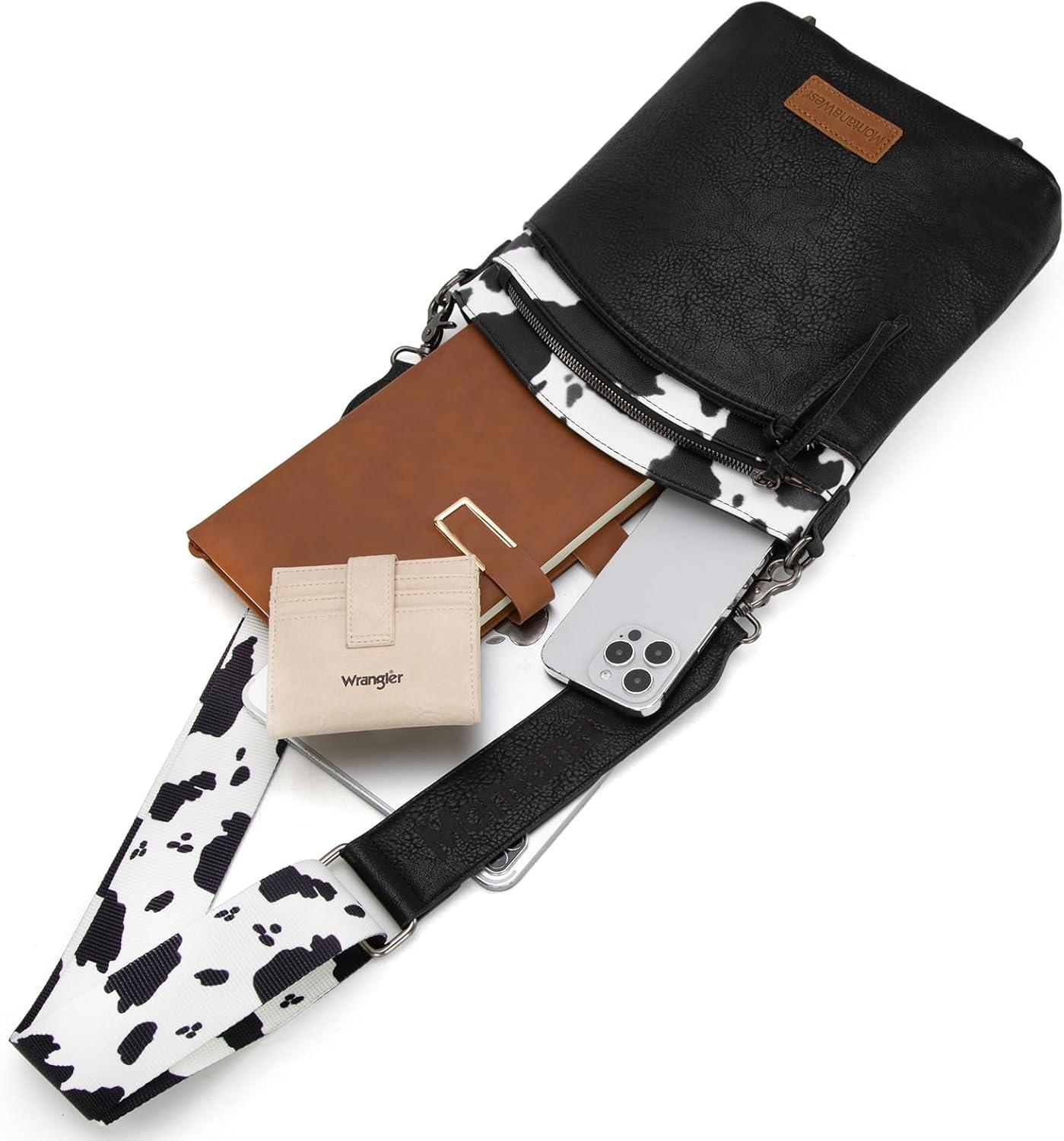 imageMontana West Multi Zip Pocket Large Crossbody Bag With Guitar StrapClassic Cow Black