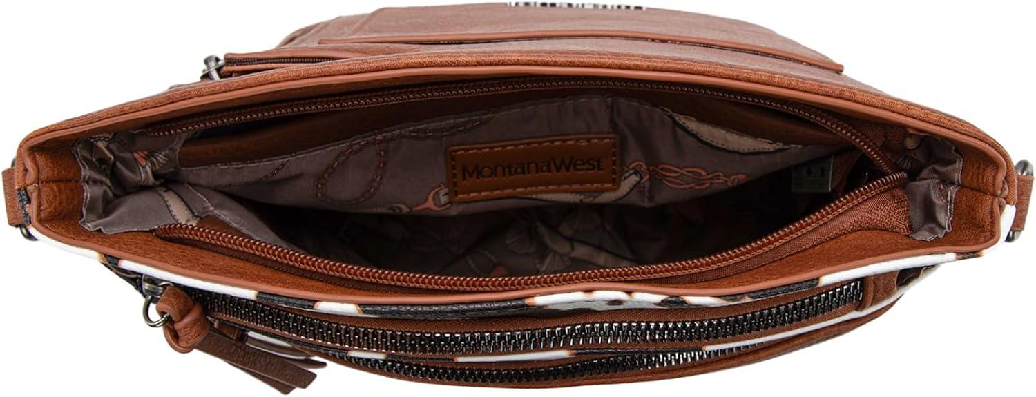 imageMontana West Multi Zip Pocket Large Crossbody Bag With Guitar StrapClassic Cow Brown