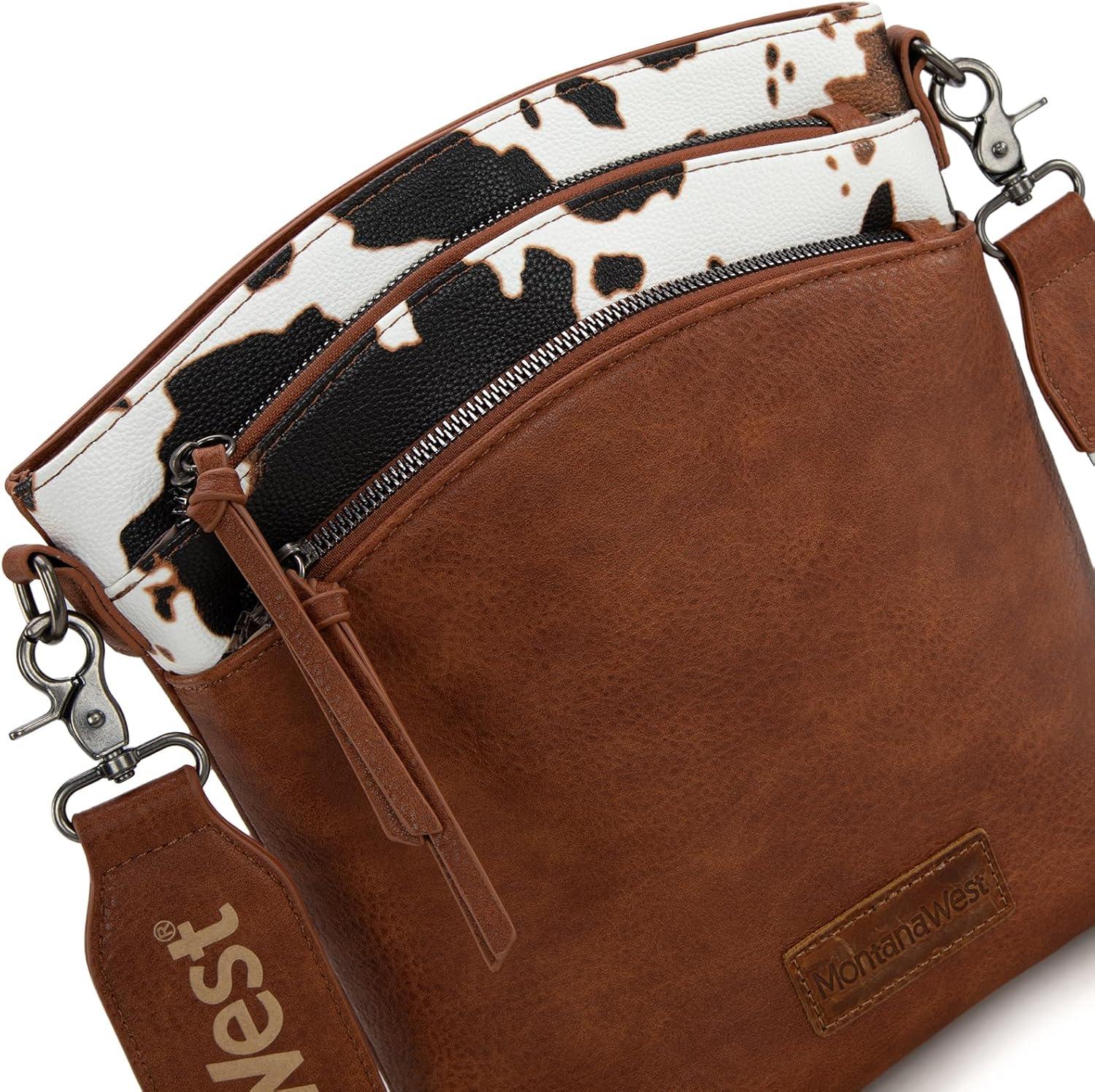 imageMontana West Multi Zip Pocket Large Crossbody Bag With Guitar StrapClassic Cow Brown
