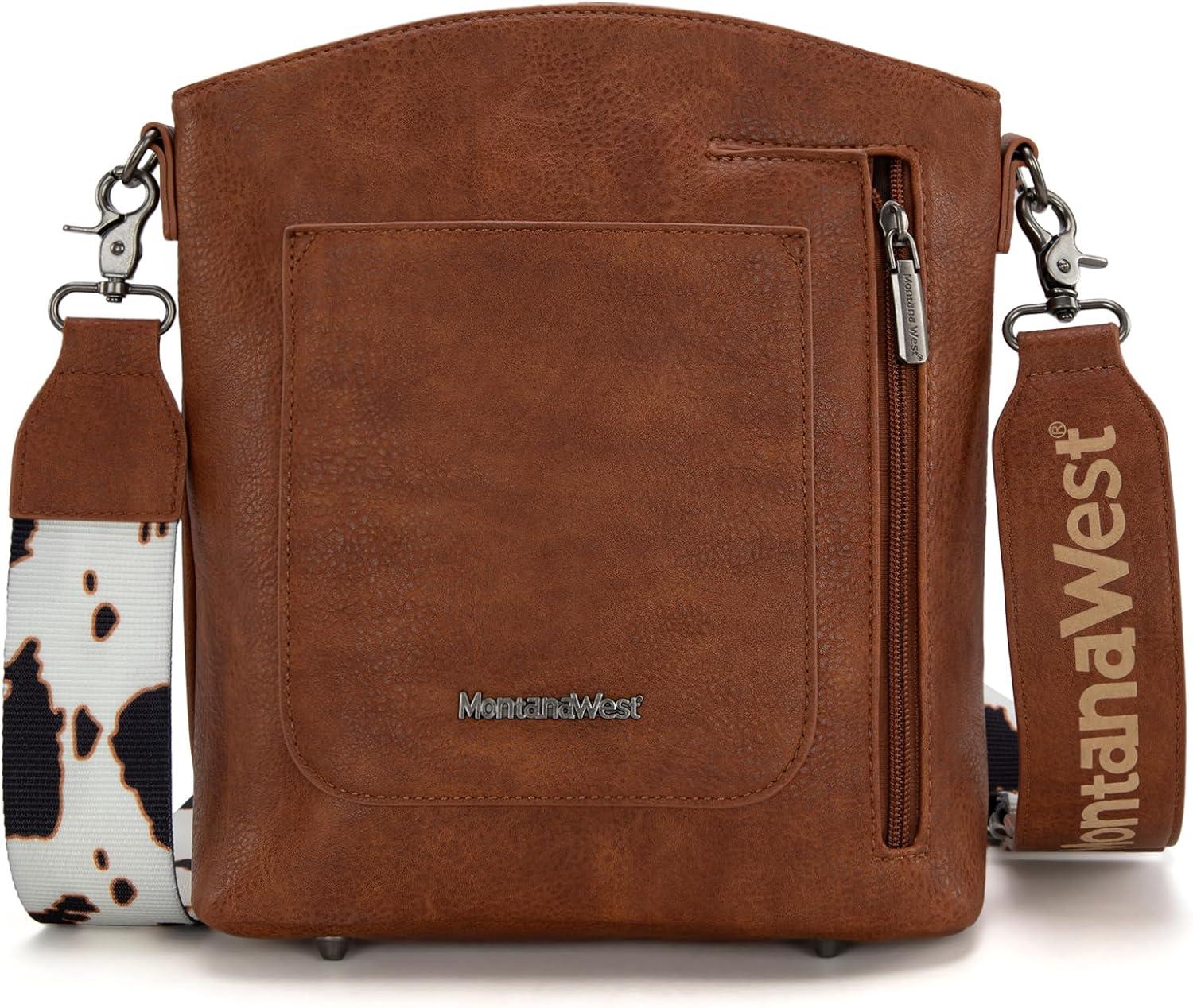 imageMontana West Multi Zip Pocket Large Crossbody Bag With Guitar StrapClassic Cow Brown