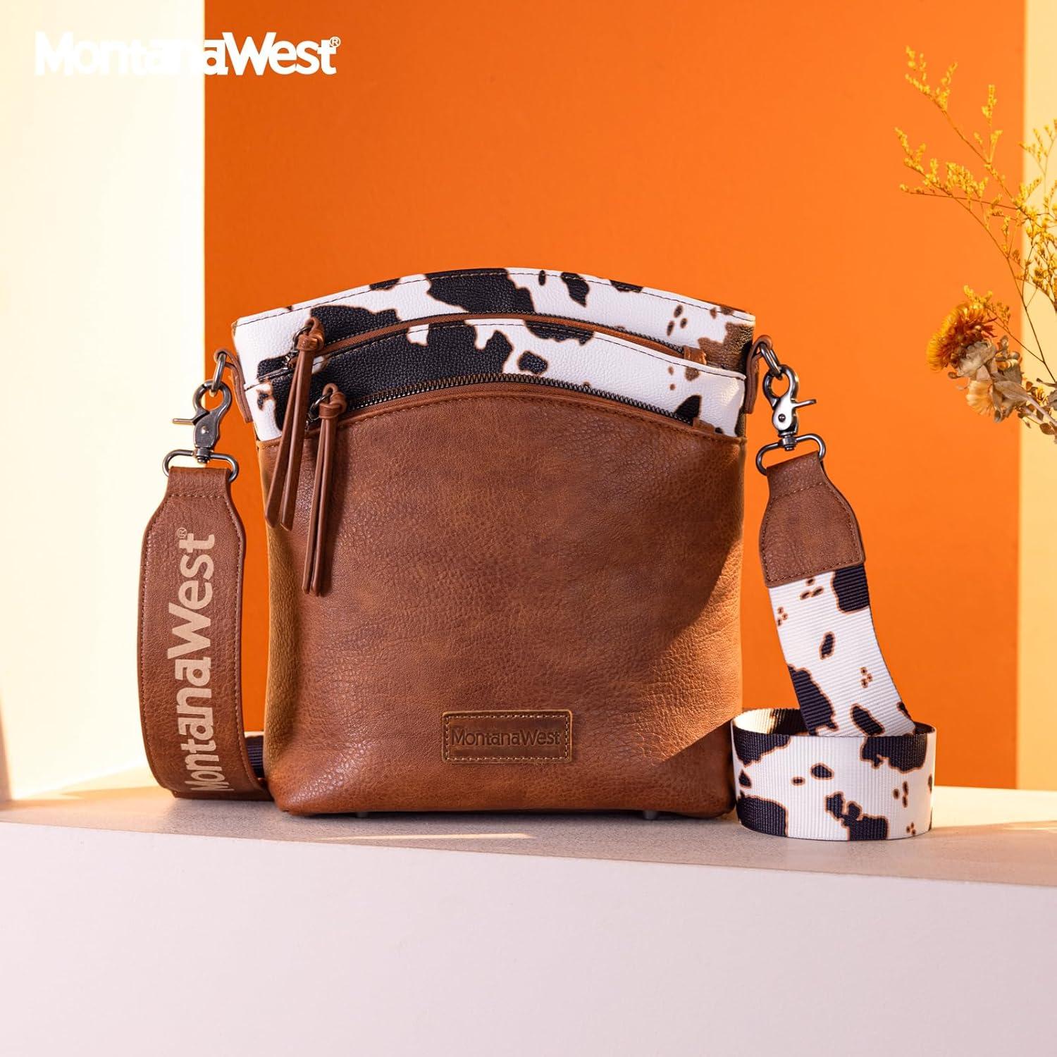 imageMontana West Multi Zip Pocket Large Crossbody Bag With Guitar StrapClassic Cow Brown