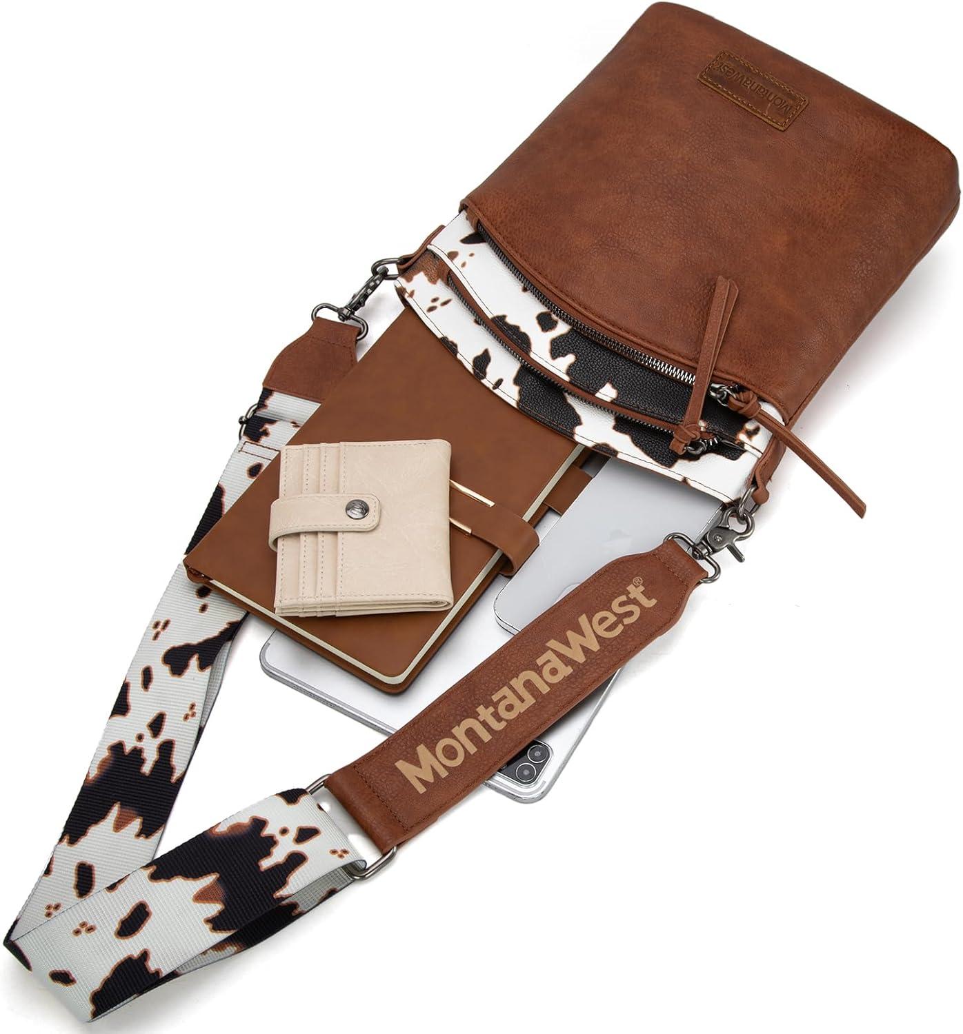 imageMontana West Multi Zip Pocket Large Crossbody Bag With Guitar StrapClassic Cow Brown