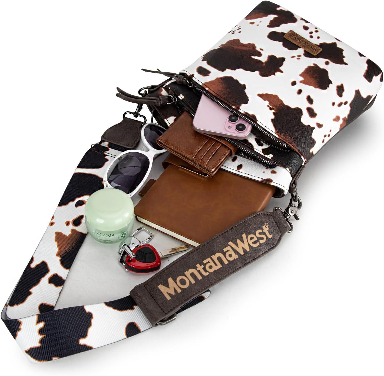 imageMontana West Multi Zip Pocket Large Crossbody Bag With Guitar StrapClassic Cow Pattern