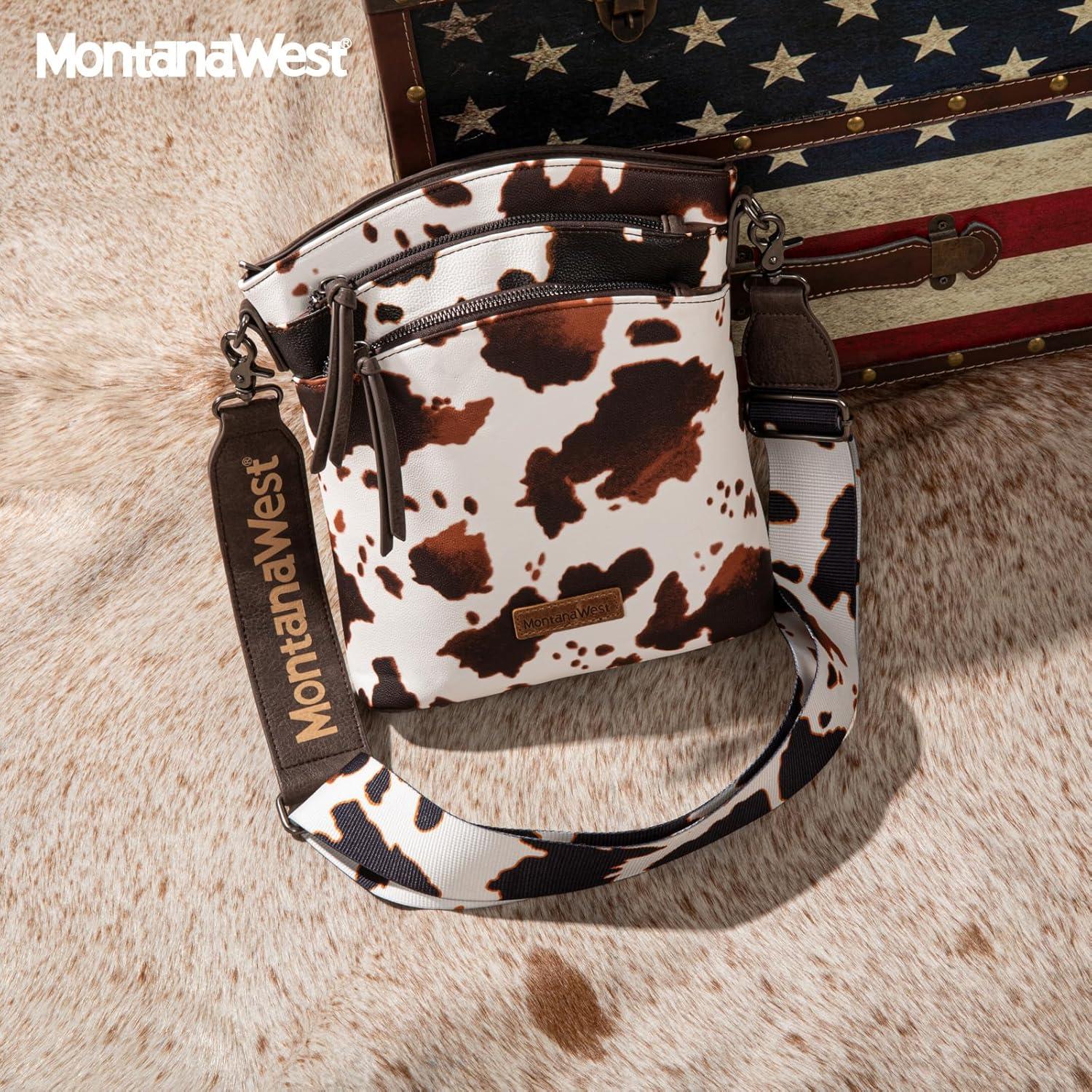 imageMontana West Multi Zip Pocket Large Crossbody Bag With Guitar StrapClassic Cow Pattern