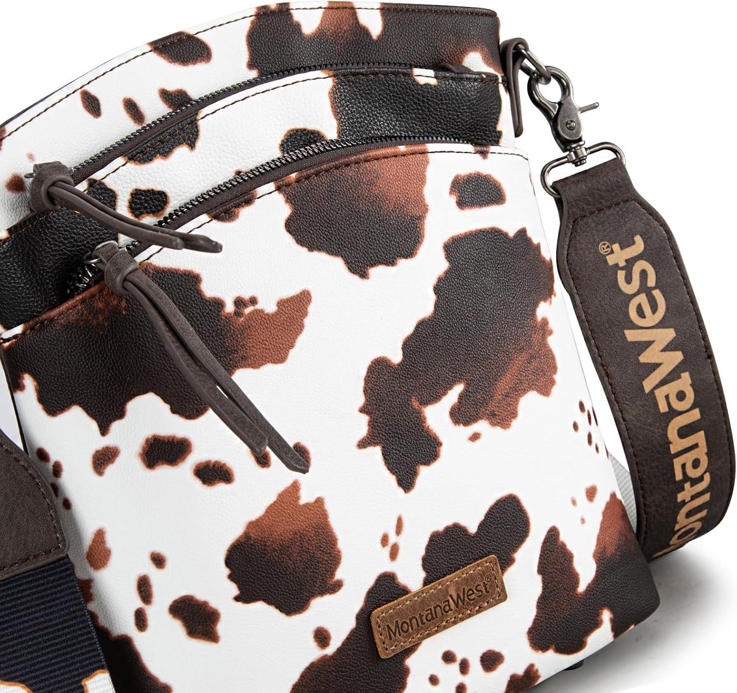 imageMontana West Multi Zip Pocket Large Crossbody Bag With Guitar StrapClassic Cow Pattern