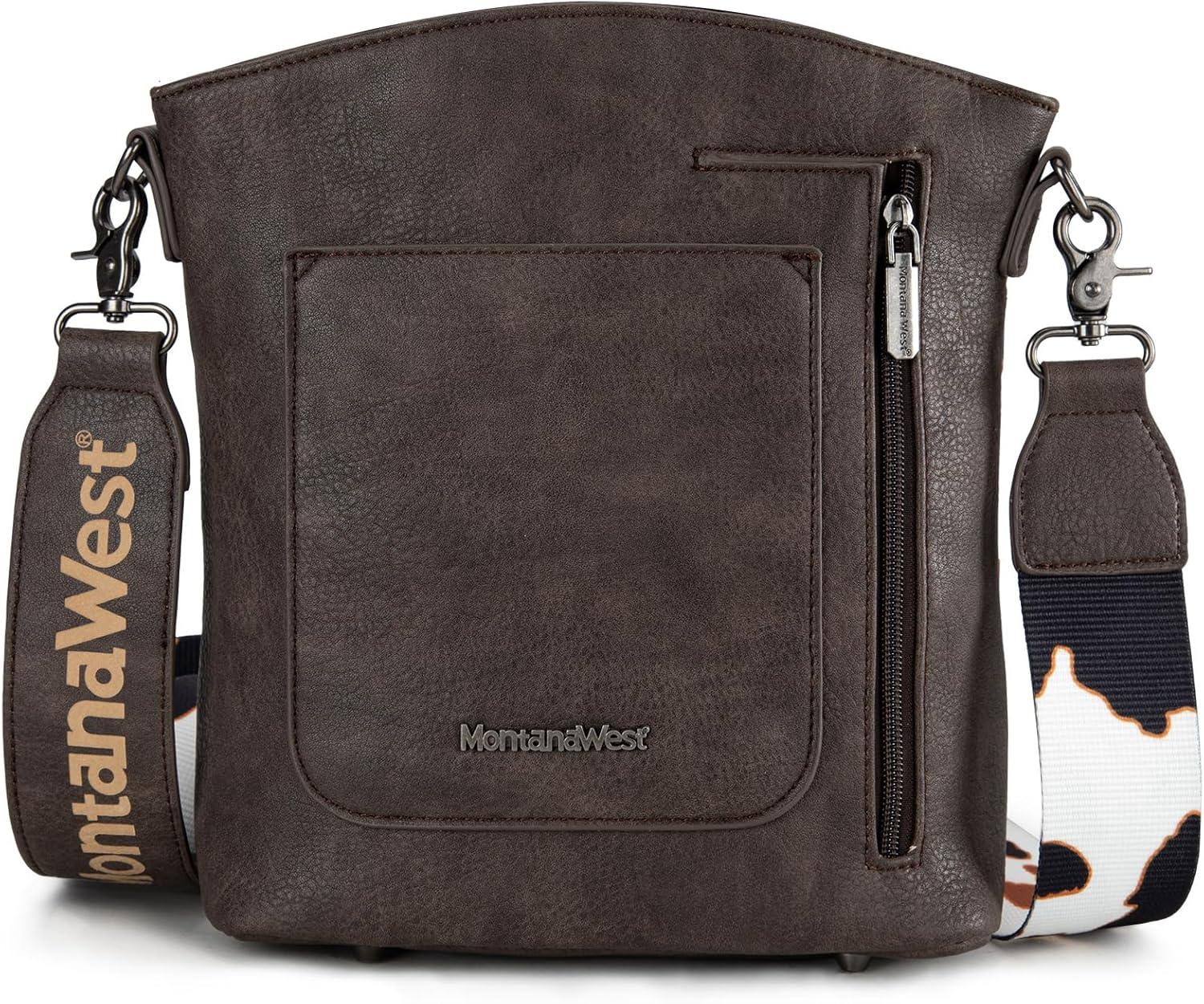 imageMontana West Multi Zip Pocket Large Crossbody Bag With Guitar StrapClassic Cow Pattern