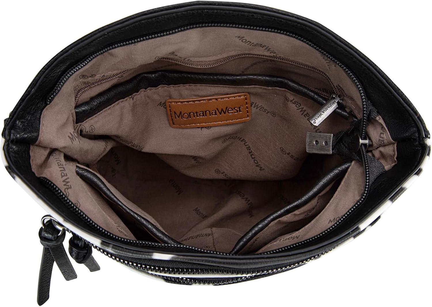 imageMontana West Multi Zip Pocket Large Crossbody Bag With Guitar StrapClassic Cow Pattern Black