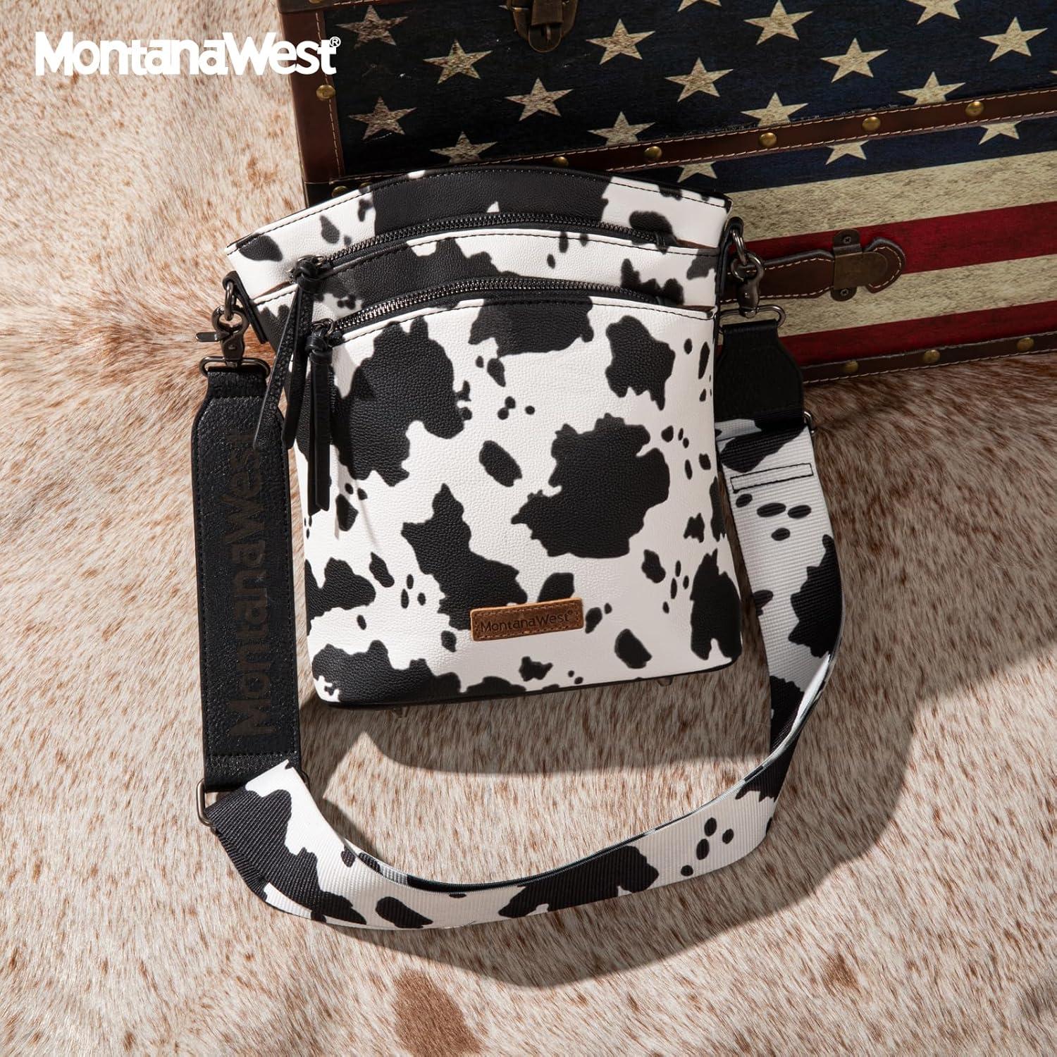 imageMontana West Multi Zip Pocket Large Crossbody Bag With Guitar StrapClassic Cow Pattern Black