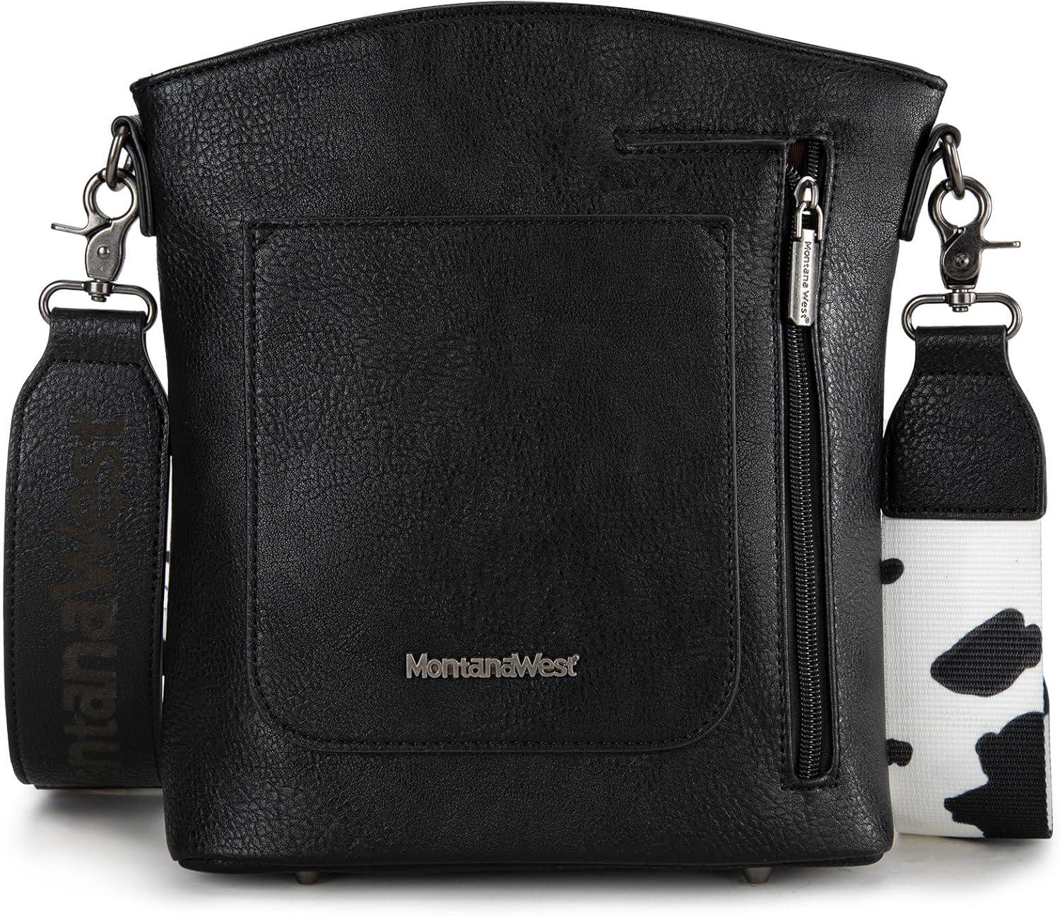 imageMontana West Multi Zip Pocket Large Crossbody Bag With Guitar StrapClassic Cow Pattern Black