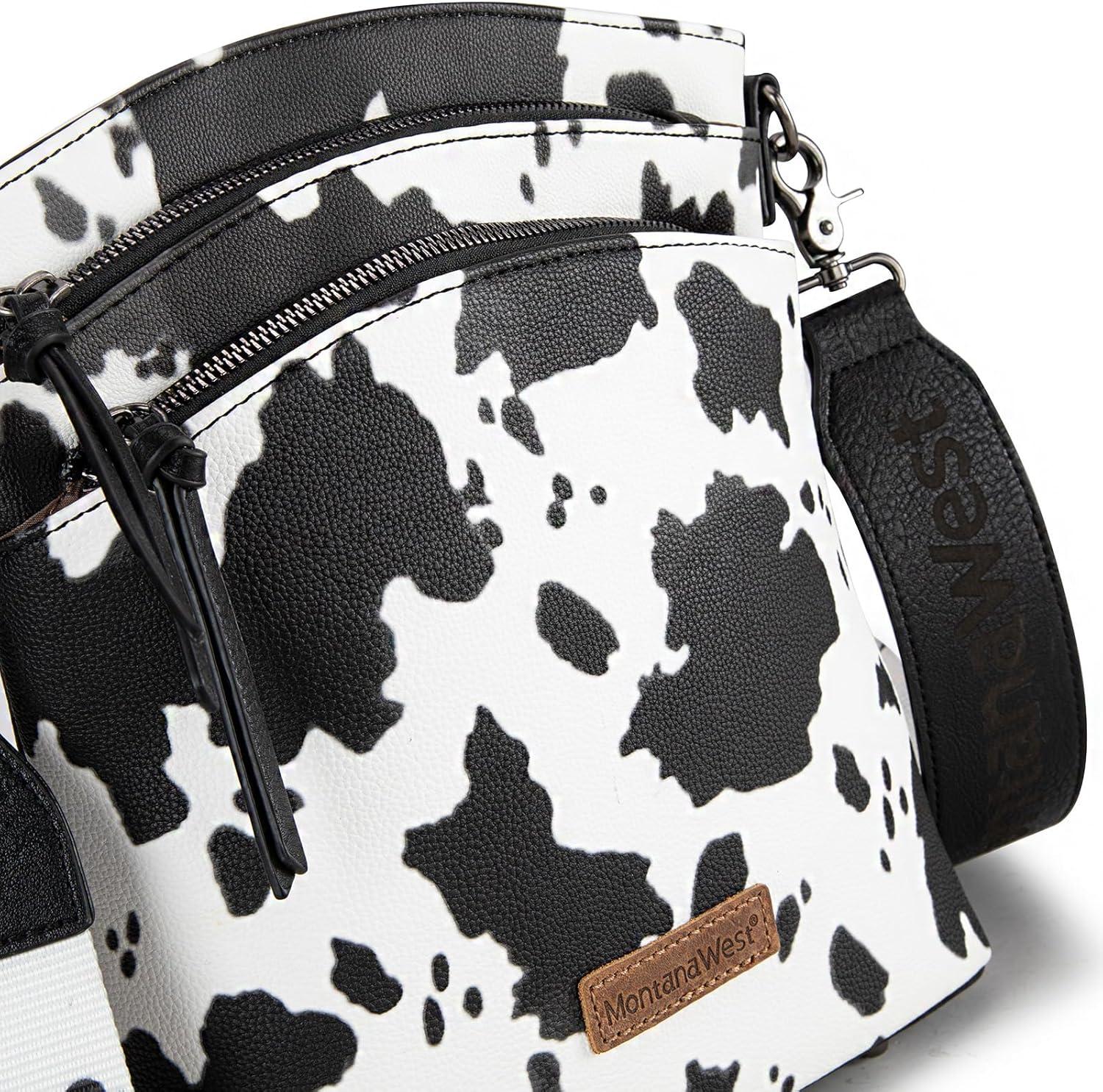 imageMontana West Multi Zip Pocket Large Crossbody Bag With Guitar StrapClassic Cow Pattern Black