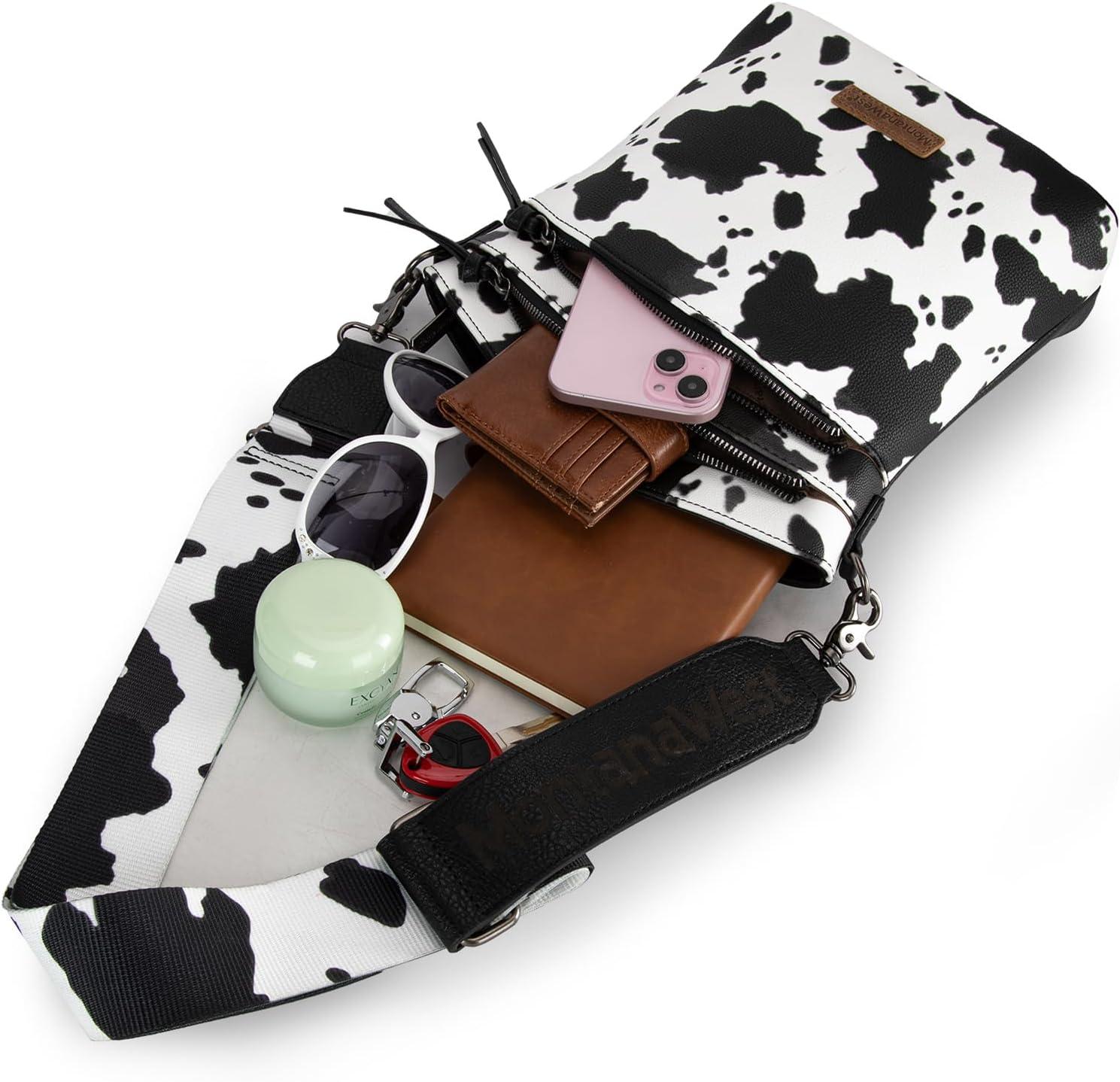 imageMontana West Multi Zip Pocket Large Crossbody Bag With Guitar StrapClassic Cow Pattern Black