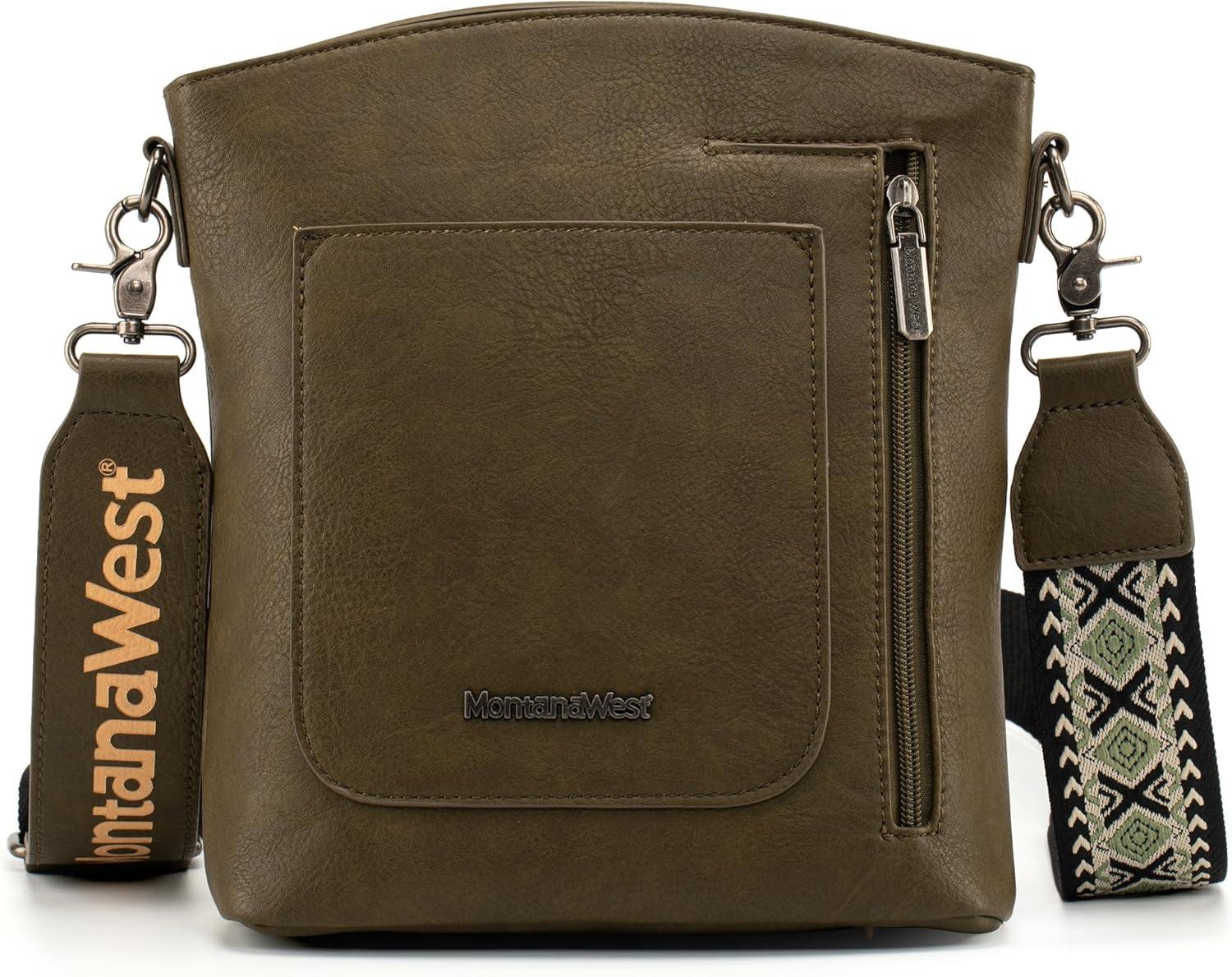 imageMontana West Multi Zip Pocket Large Crossbody Bag With Guitar StrapClassic Dark Green