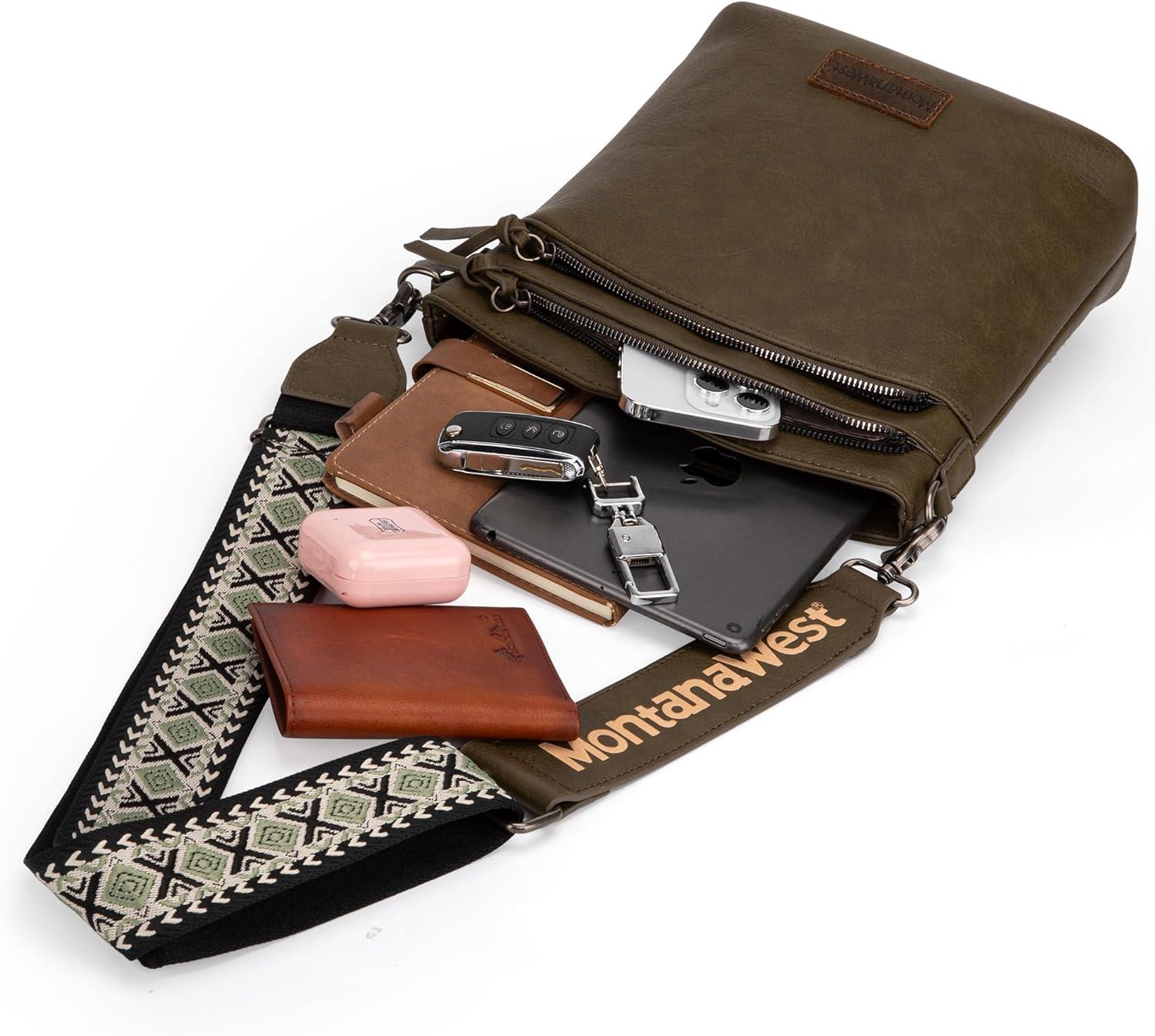 imageMontana West Multi Zip Pocket Large Crossbody Bag With Guitar StrapClassic Dark Green