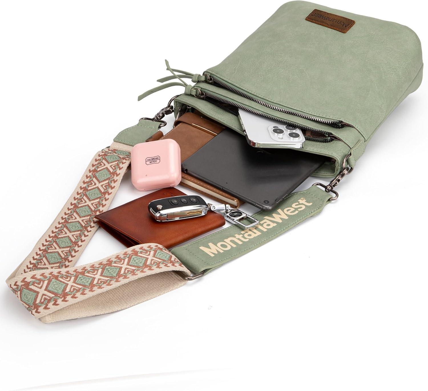 imageMontana West Multi Zip Pocket Large Crossbody Bag With Guitar StrapClassic Green